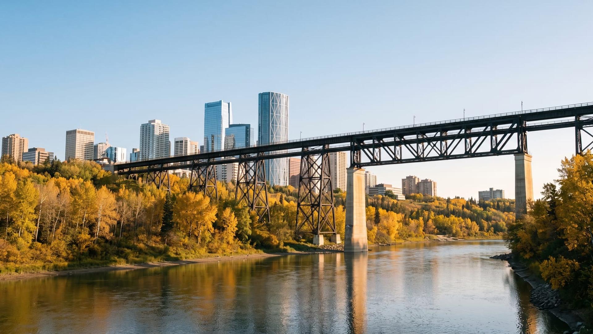 Glass condo towers above the North Saskatchewan River valley in central Edmonton
