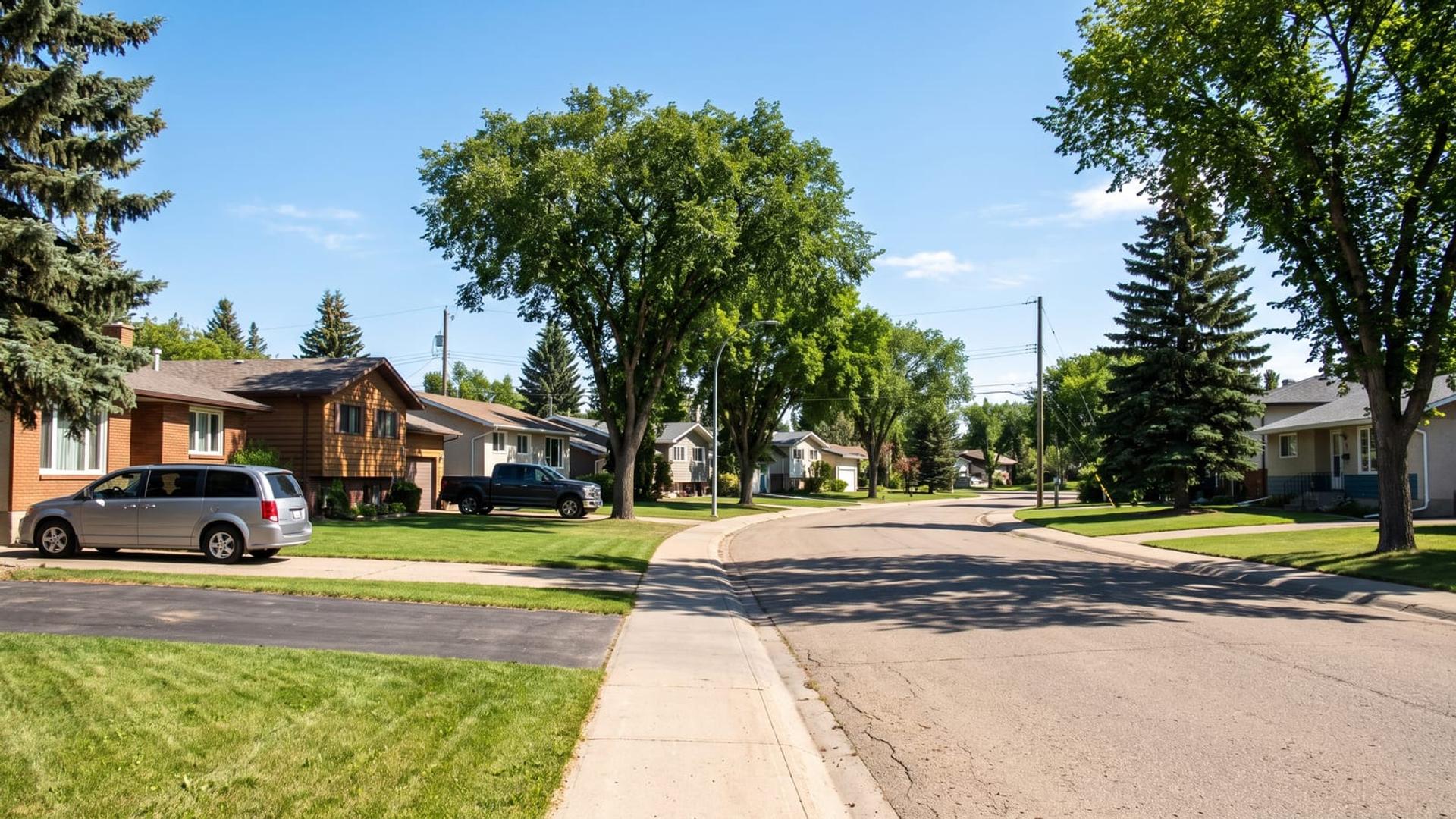 A tree-lined street of 1970s homes typical of Sherwood Park