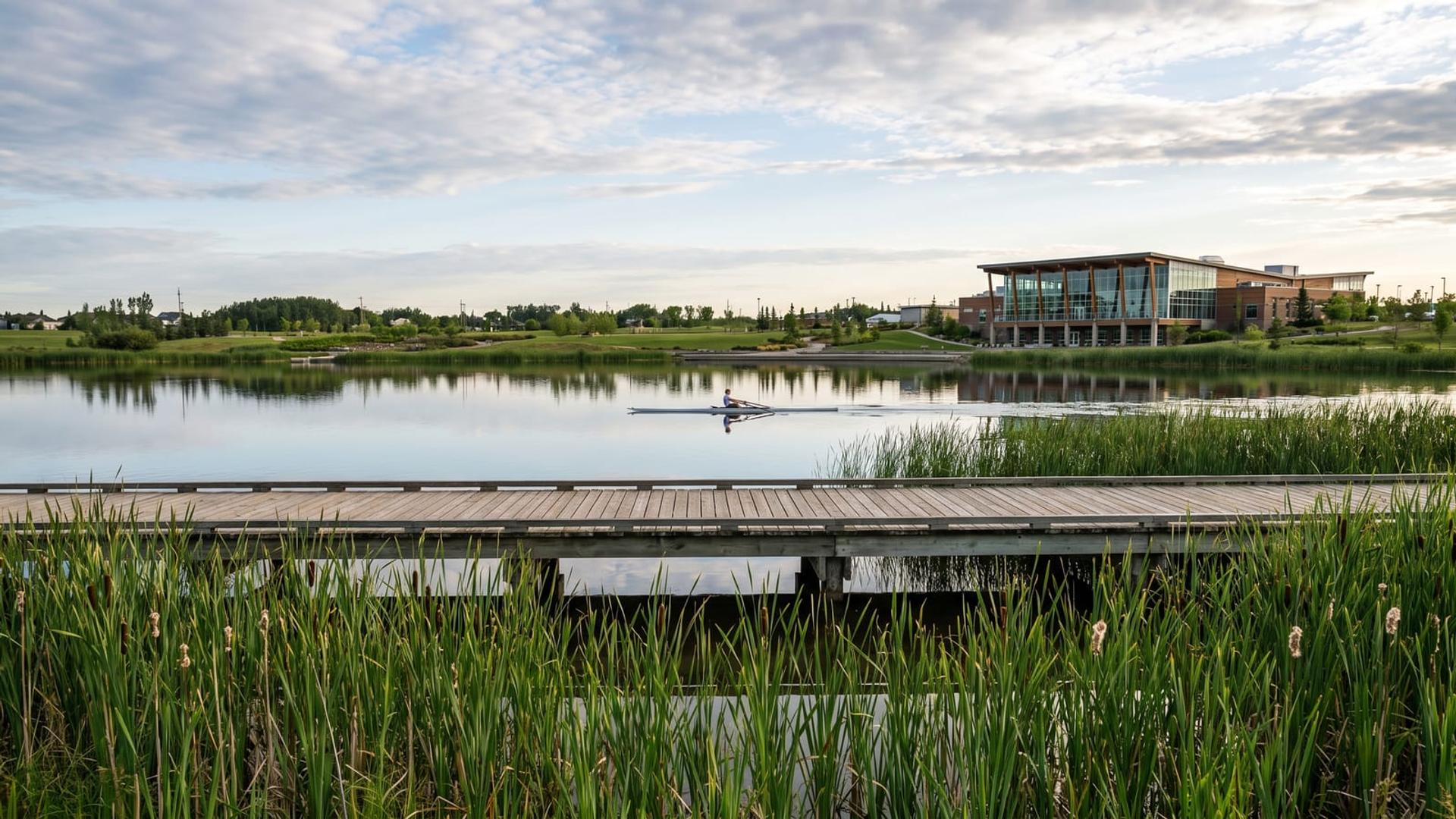A rowing shell on a calm lake beside a boardwalk, typical of Telford Lake in Leduc