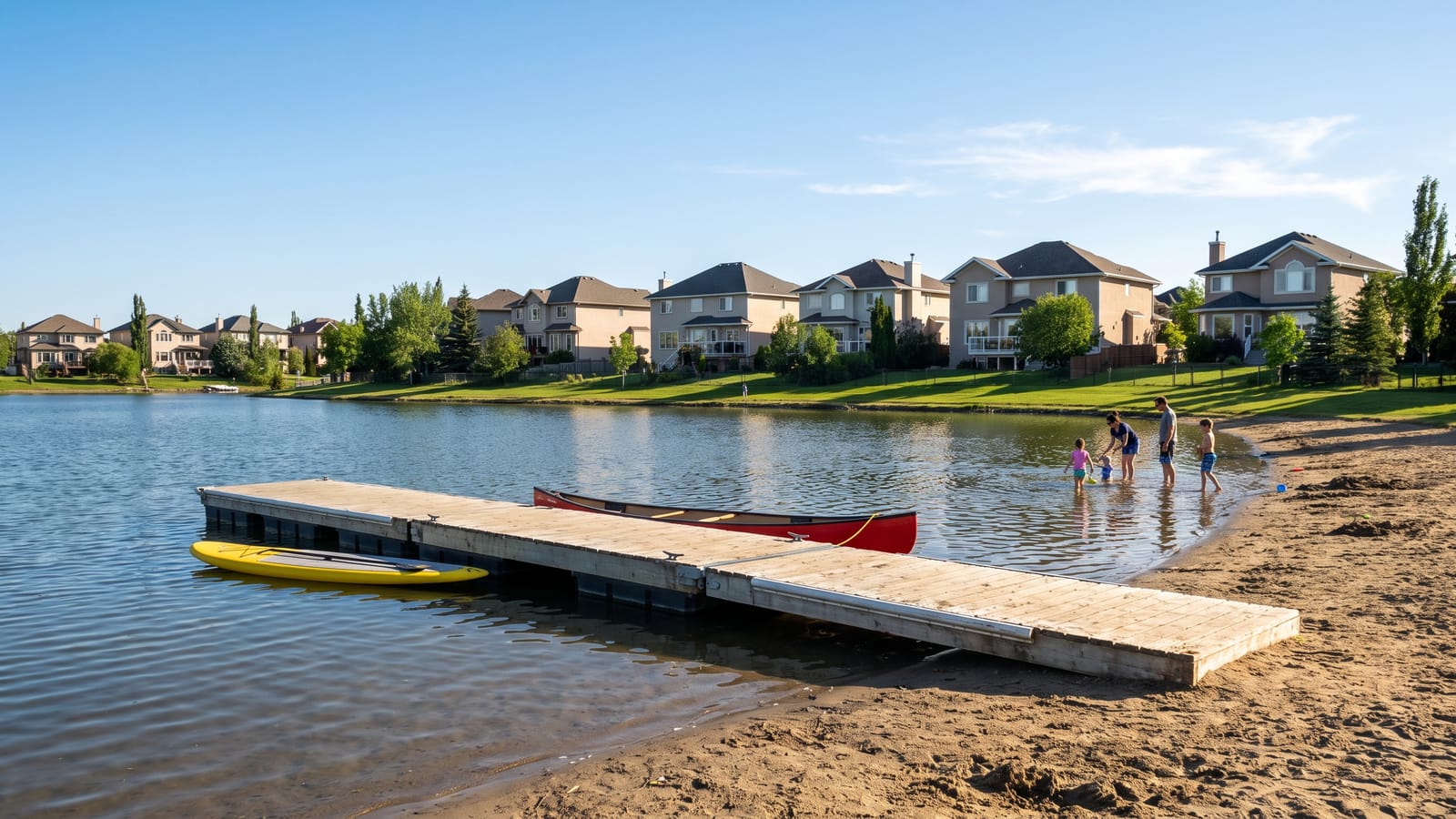 The beach and dock on Lake Summerside with homes along the far shore