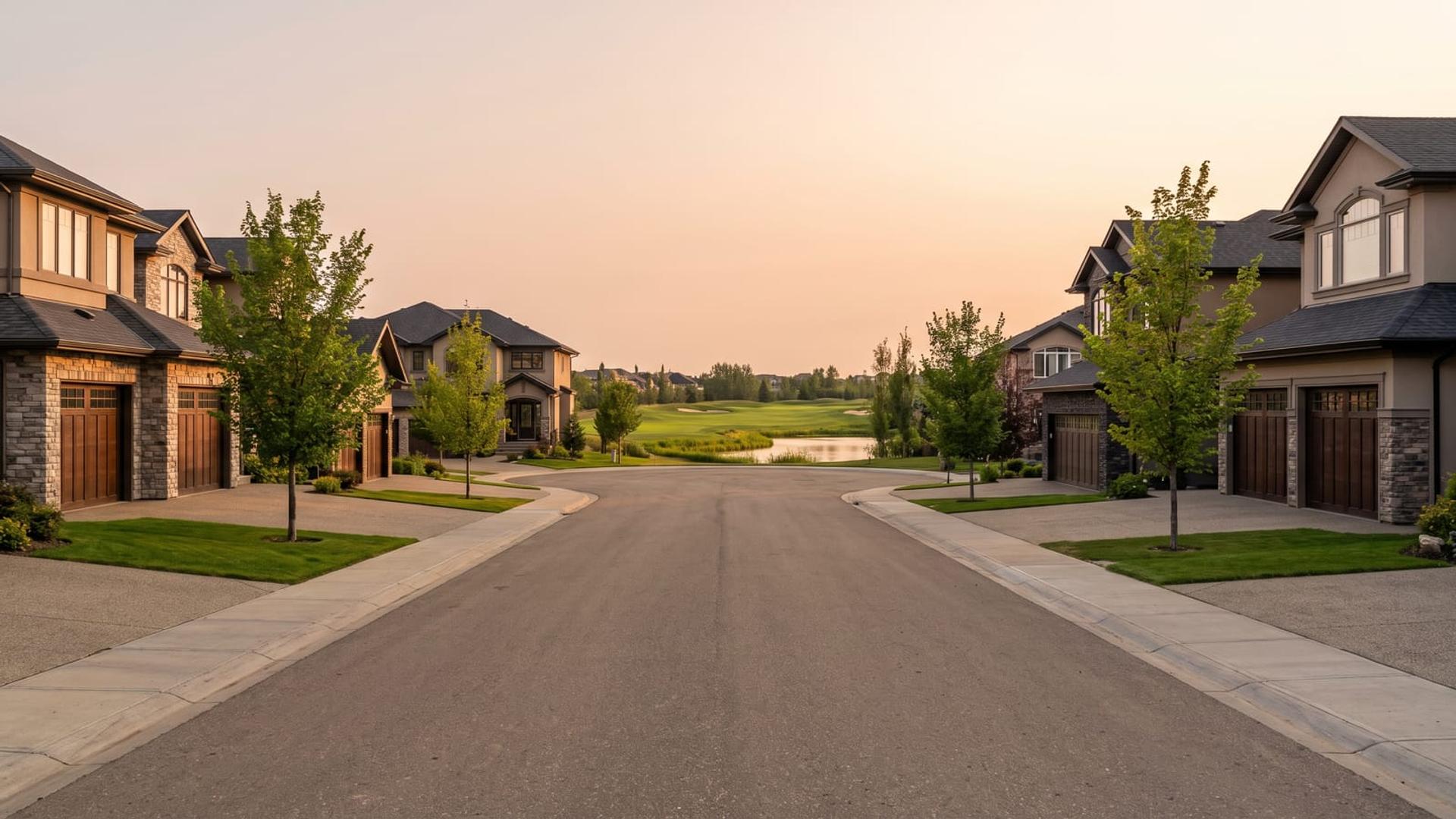 Large newer homes on an estate street in Windermere with the golf course beyond