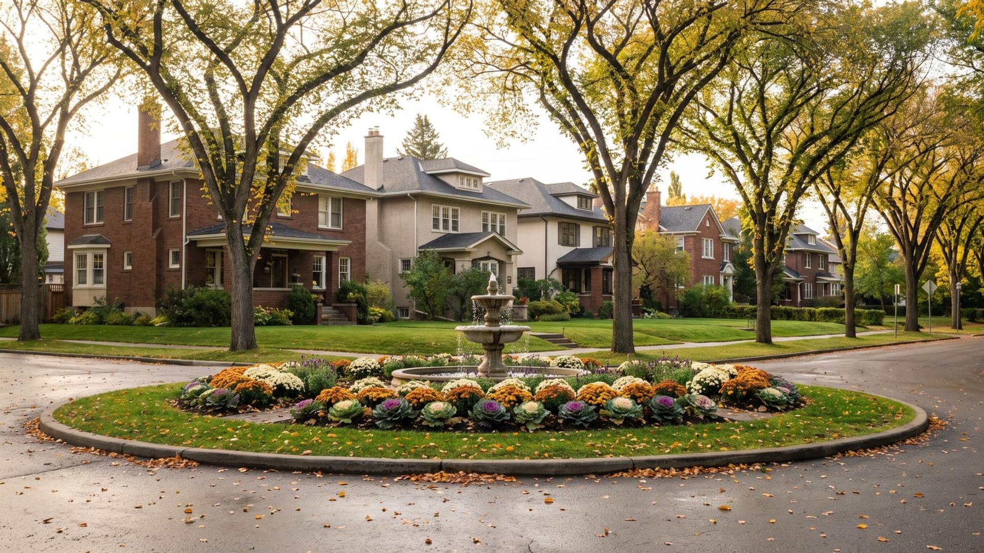 A flower-filled traffic circle and 1920s character homes under Glenora’s elms