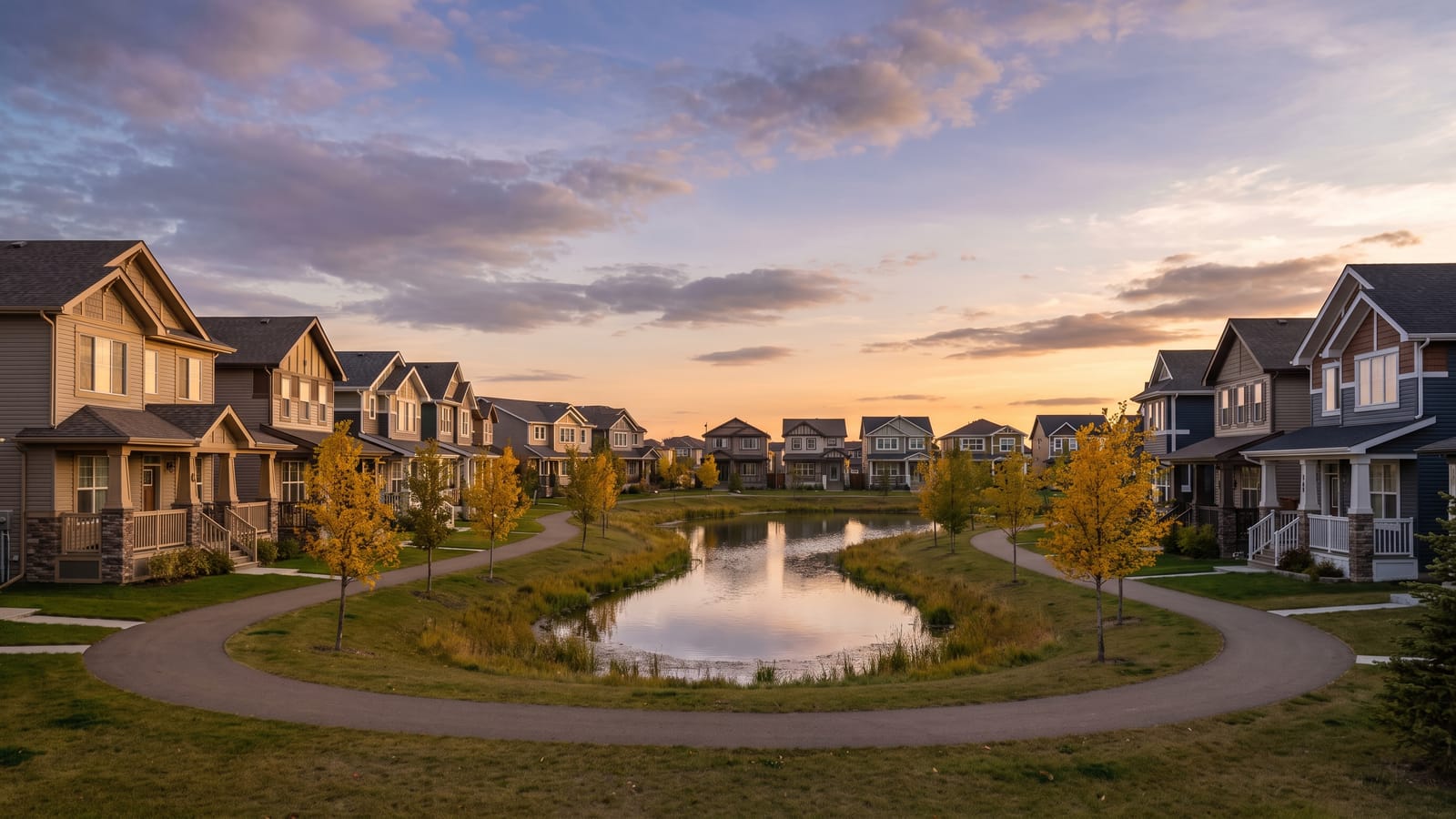 Newer family homes around a pond and park, typical of the Village at Griesbach