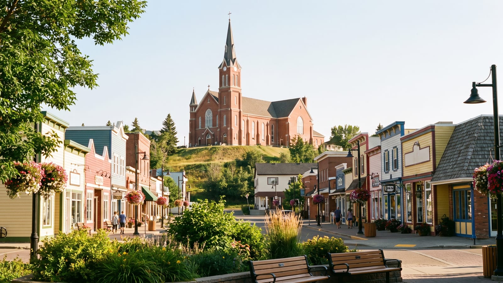 A hilltop church above a French-inspired main street, typical of Beaumont