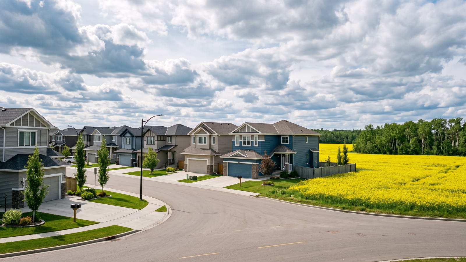 Newer family homes on the edge of Spruce Grove with a canola field behind them