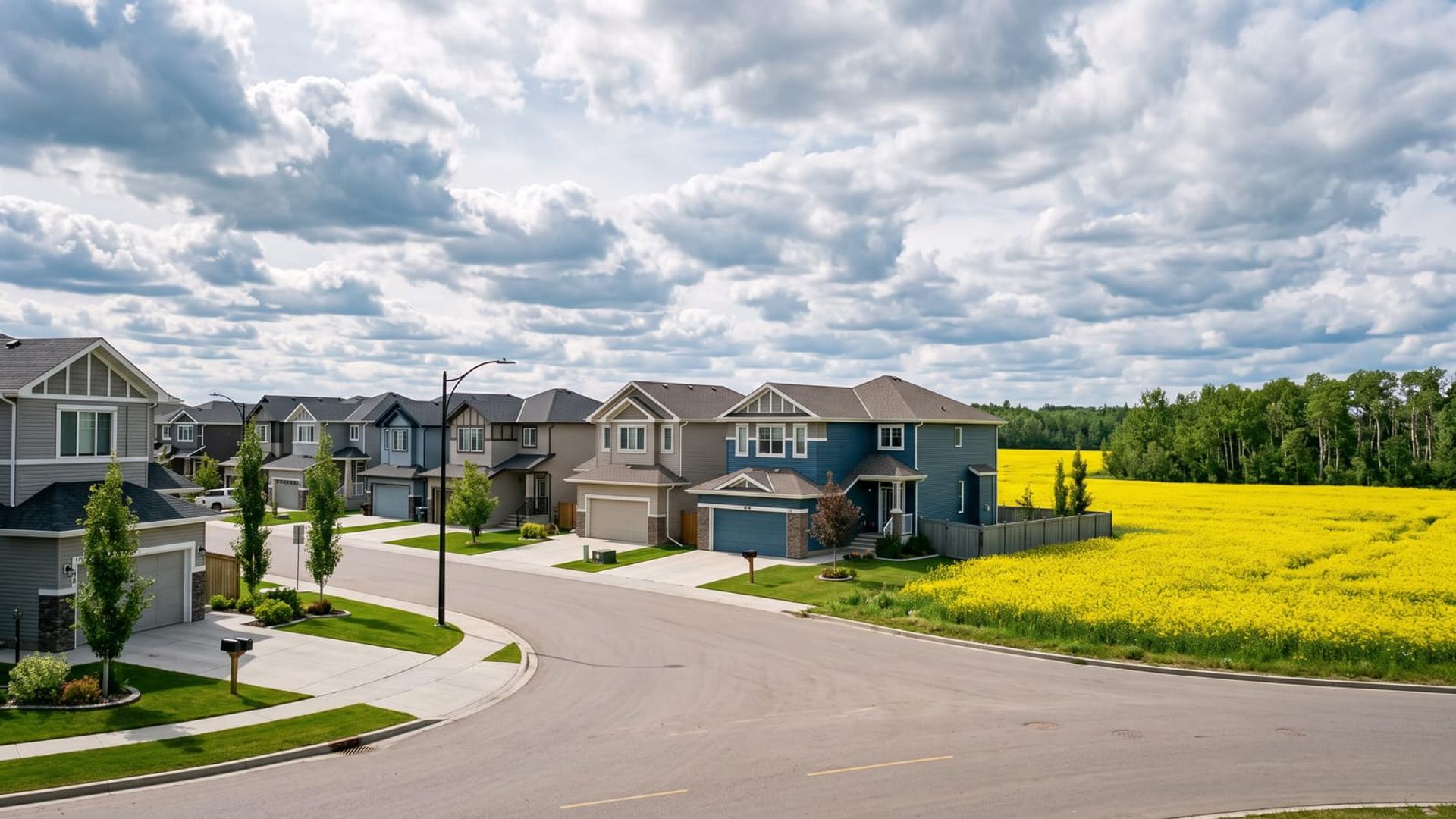 Newer family homes on the edge of Spruce Grove with a canola field behind them