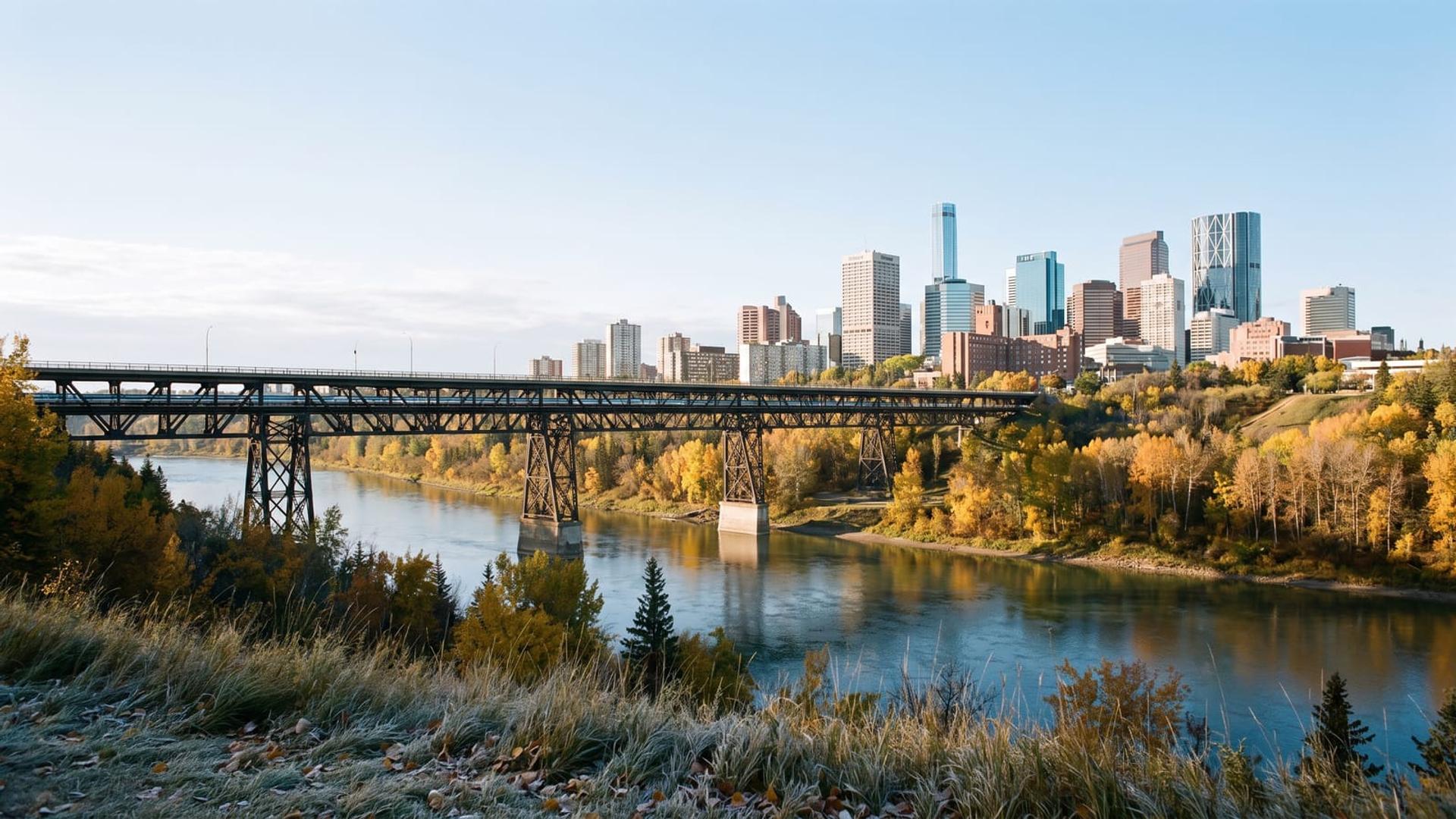 The downtown Edmonton skyline across the North Saskatchewan River valley in early autumn