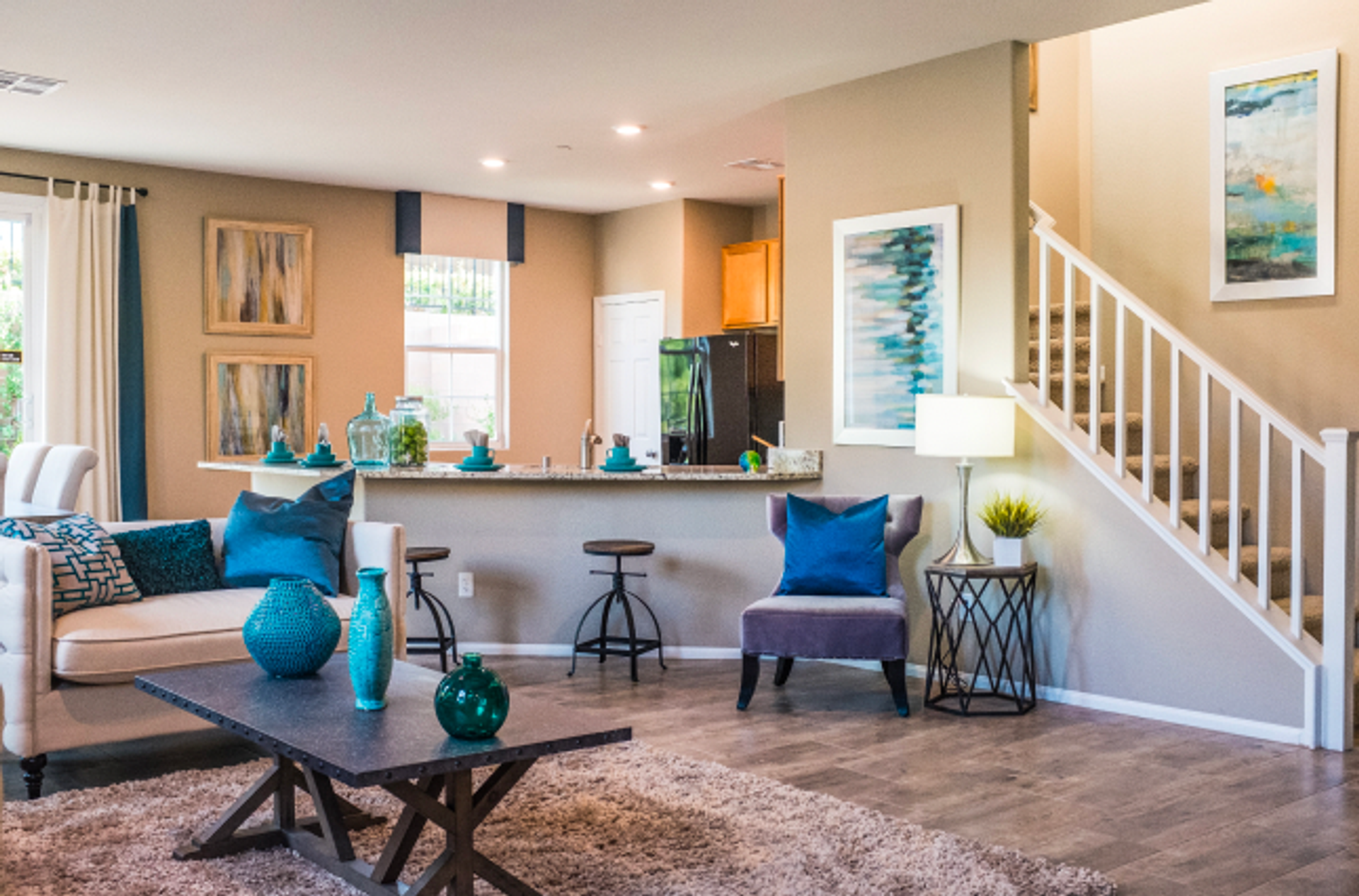 Modern living room with teal and turquoise decoration