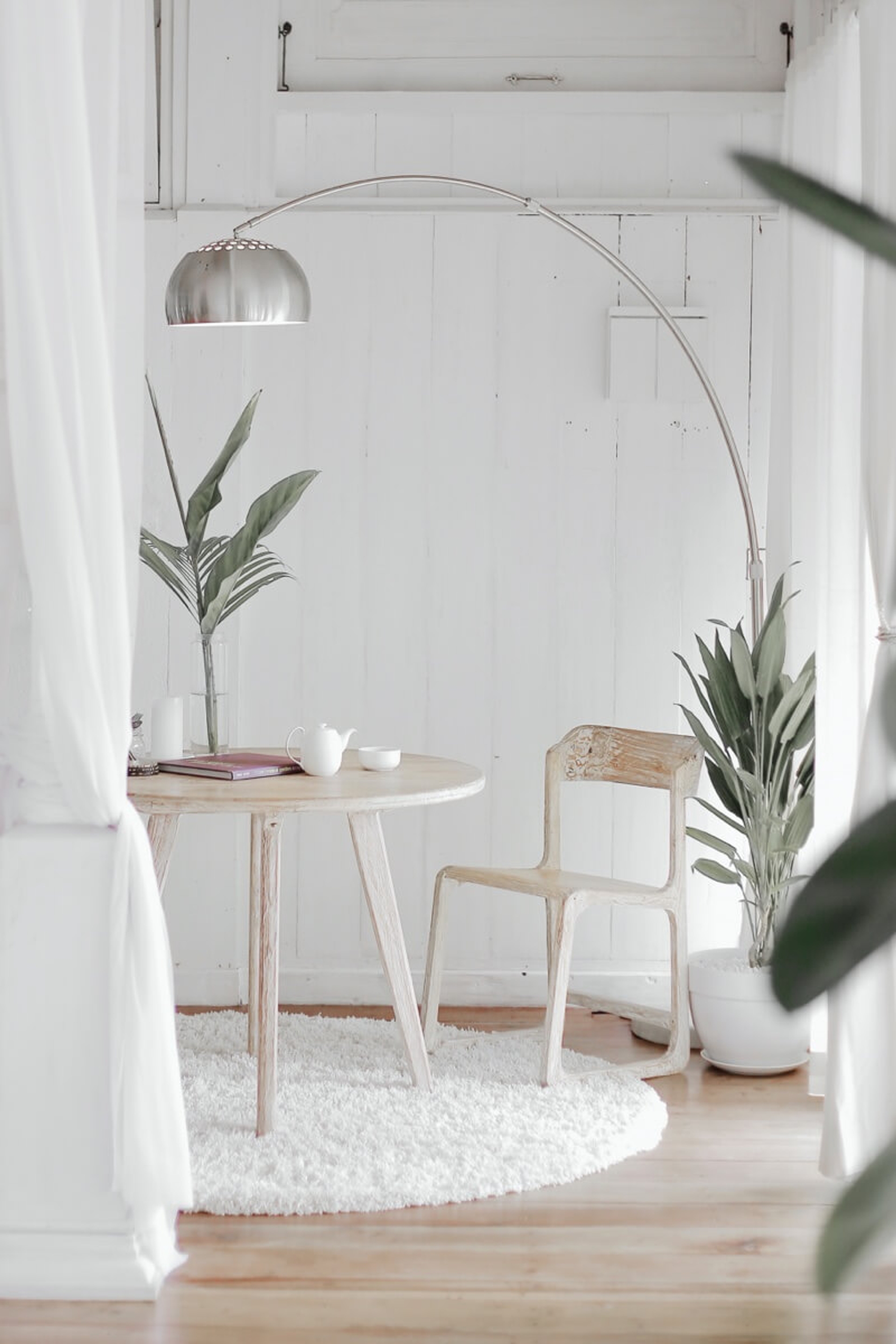 stylish, minimalist, white room with wooden floors and plants