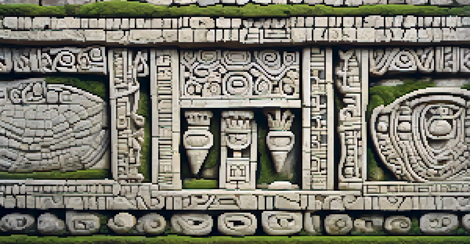 A close-up of intricately carved stonework at Kuelap, displaying geometric patterns and animal depictions with moss and plants growing in the crevices.