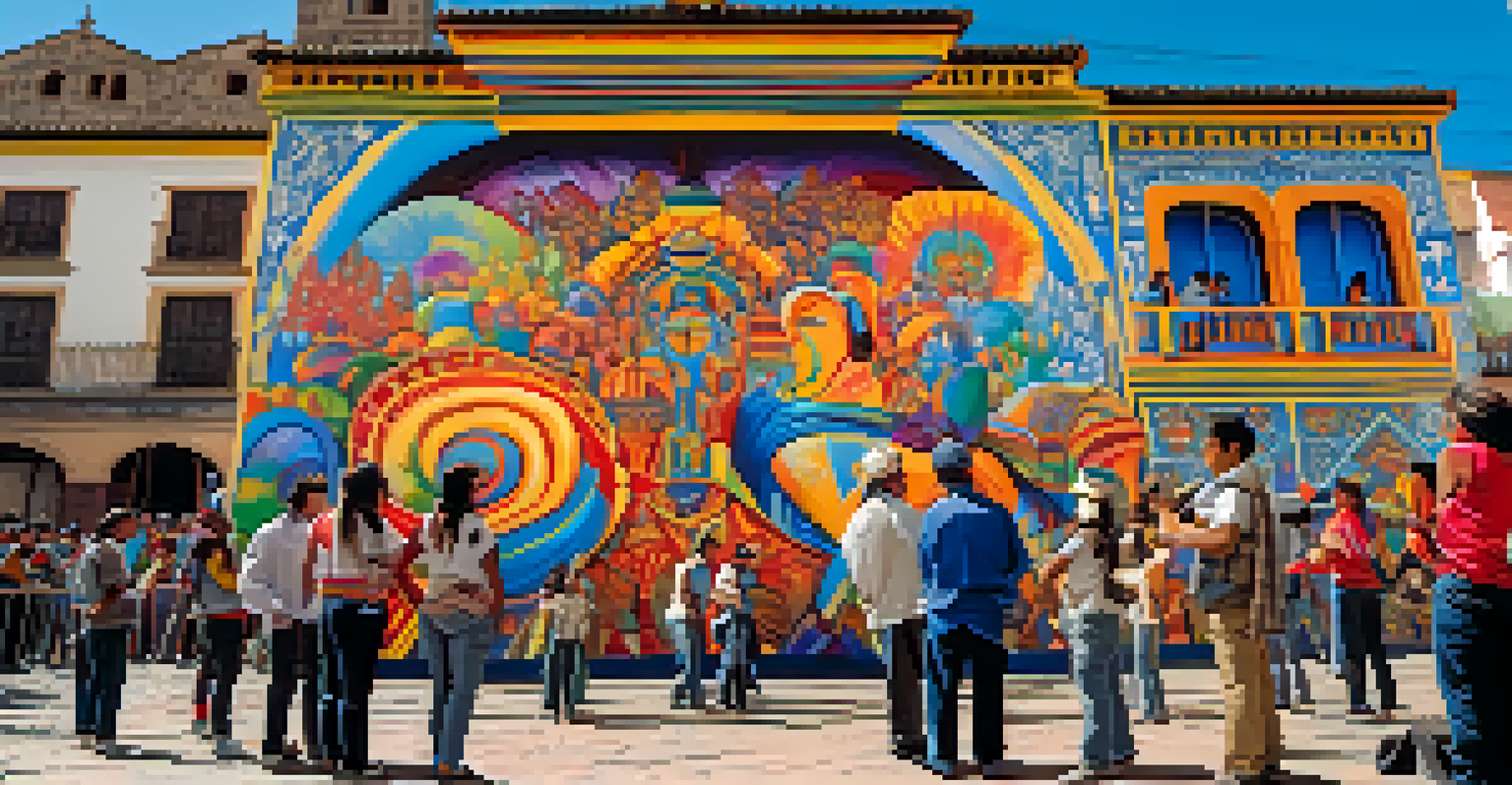 An artist at work on a colorful mural during a street art festival in Cusco, with an audience engaged in the vibrant atmosphere.