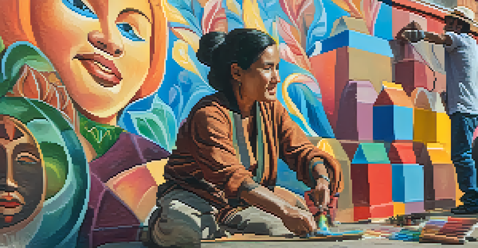 An artist painting a mural with community members in Cusco, focusing on themes of culture and social issues in vibrant colors.