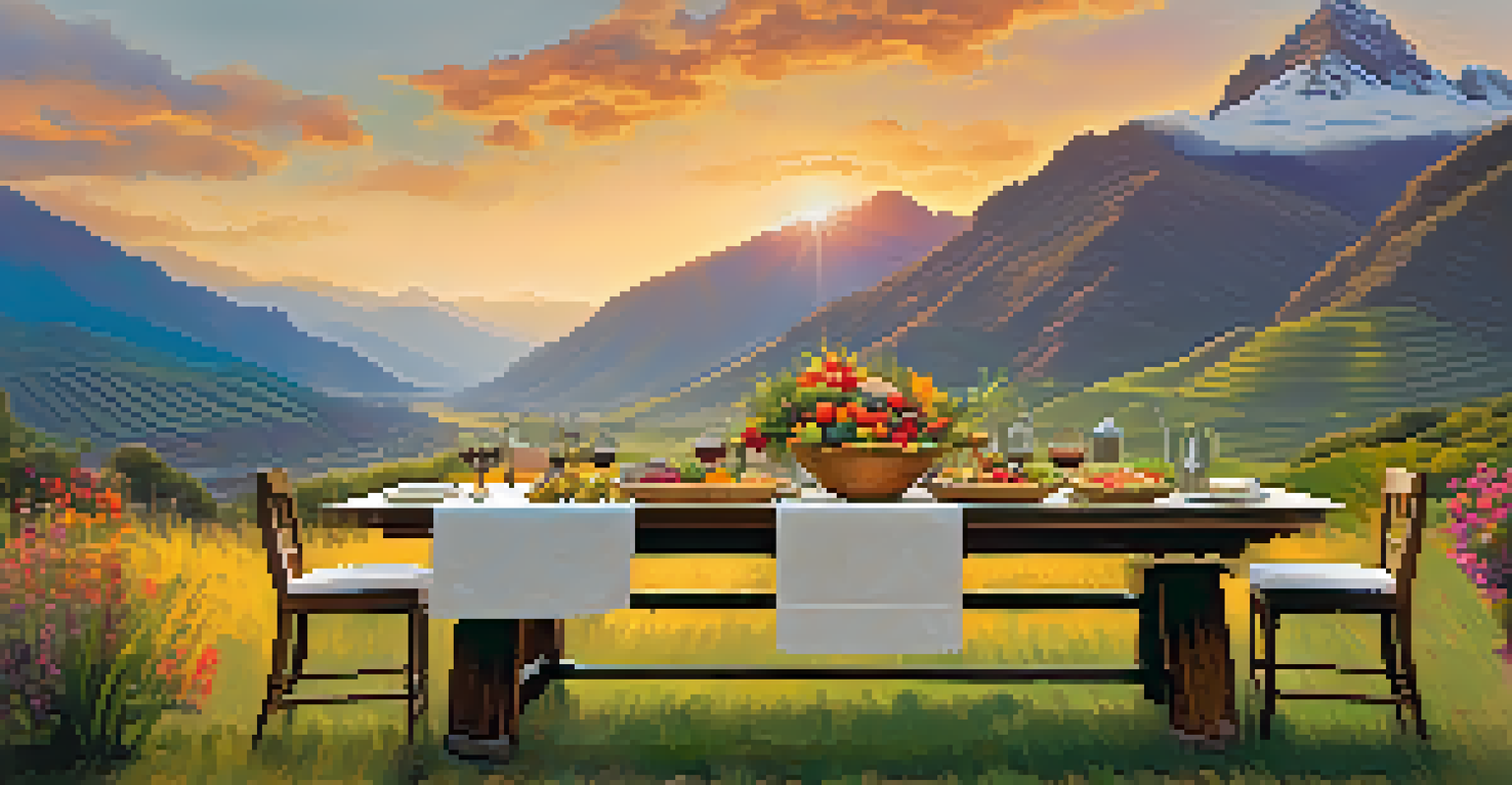 An outdoor dining setup at an eco-retreat in the Sacred Valley, featuring a long table with fresh produce and stunning mountain views.