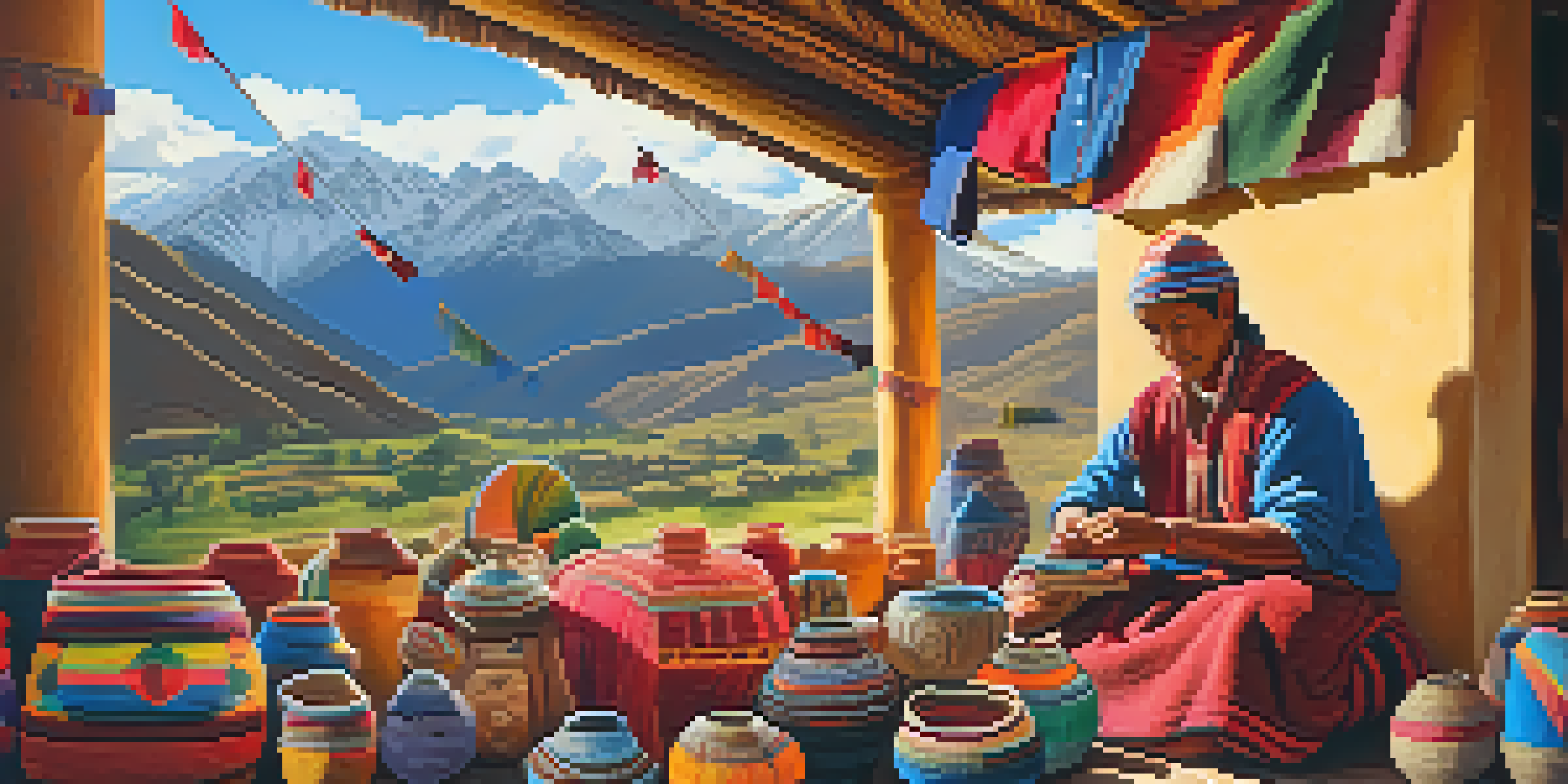 A local artisan in the Sacred Valley of Peru creating traditional handicrafts, with the Andes mountains in the background.