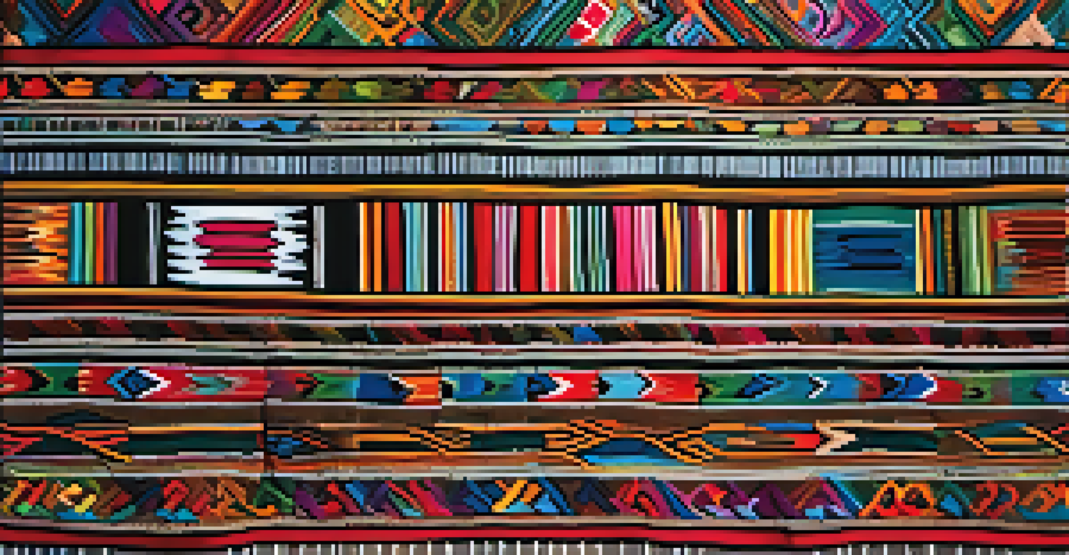 A close-up of a traditional Quechua textile with colorful patterns displayed on a wooden background.