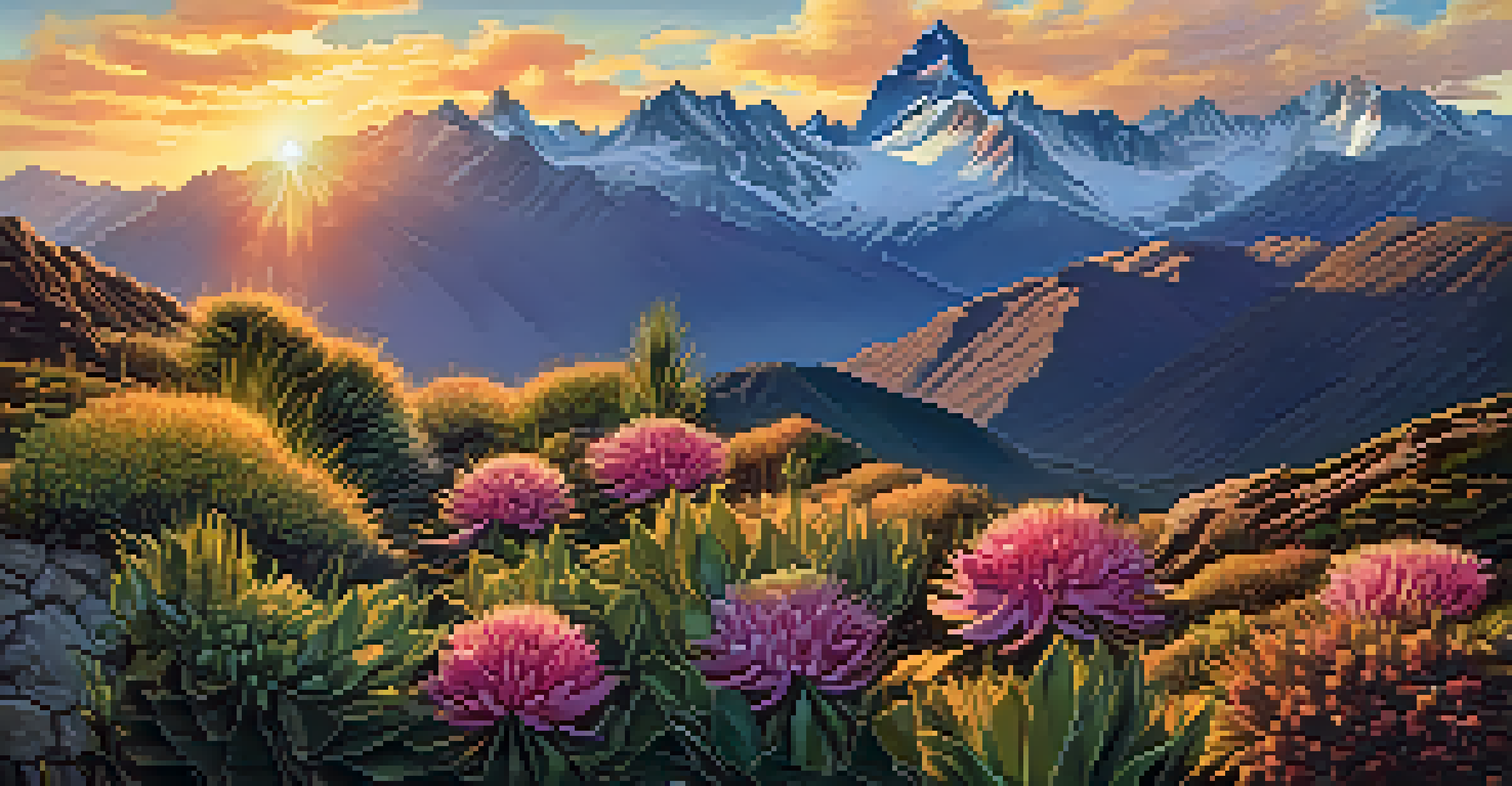 A scenic view of the Andes Mountains adorned with colorful high-altitude flowers and rugged terrain during sunset.