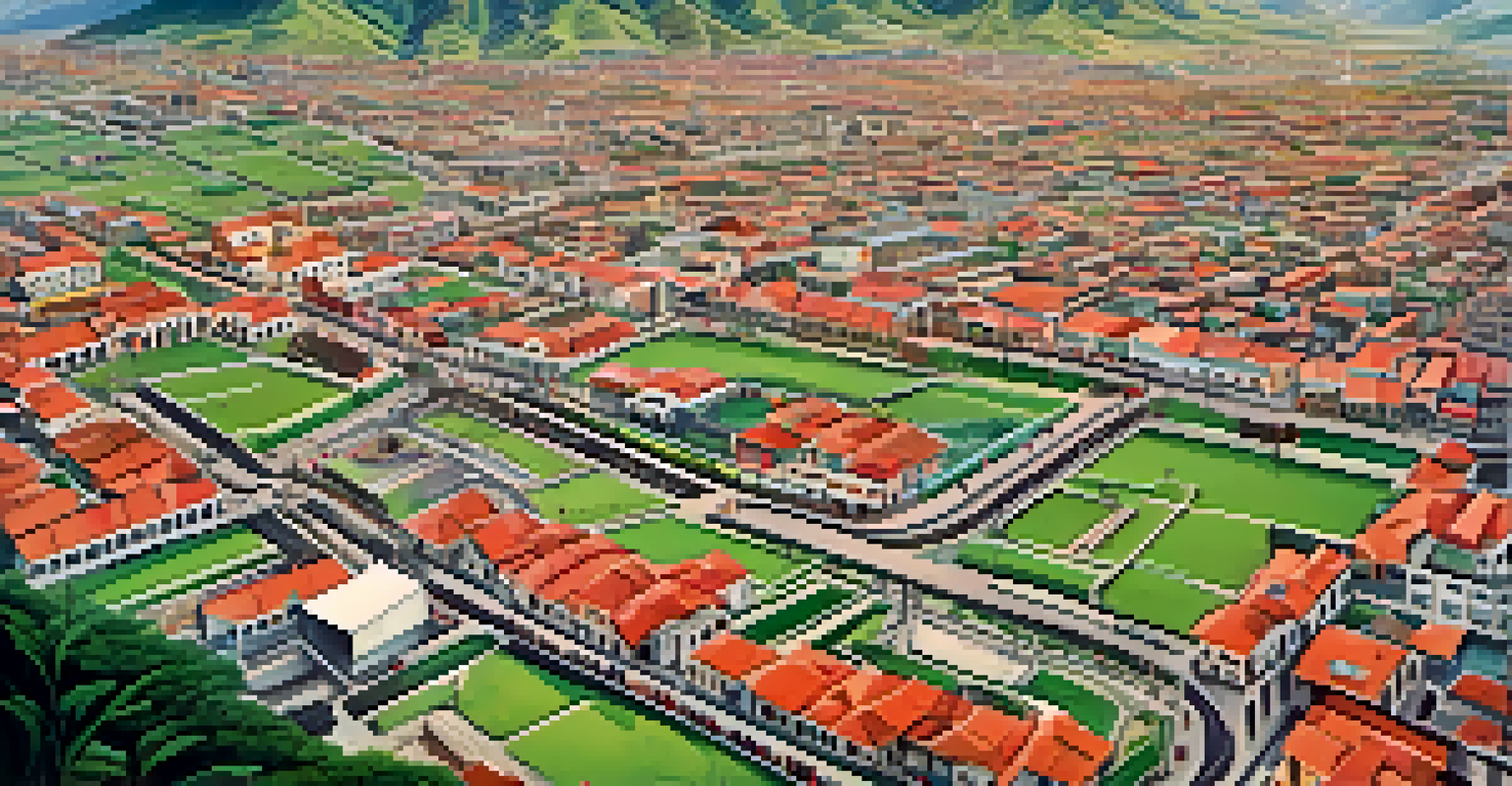 Aerial view of a 1950s Peruvian city showing infrastructure development like roads, schools, and hospitals, surrounded by green parks and mountains.