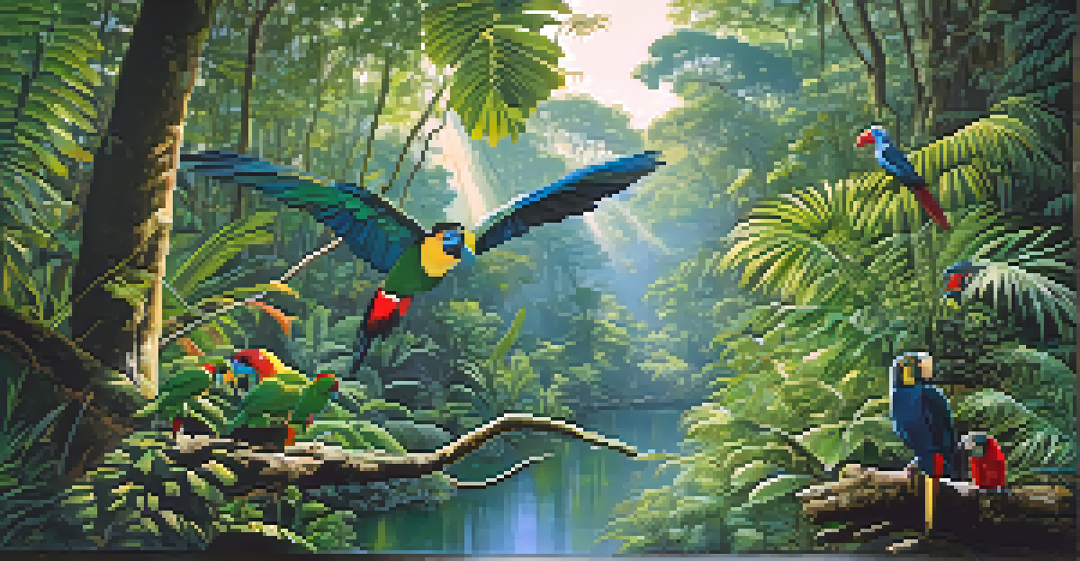 A peaceful view of the Amazon rainforest featuring lush greenery, a winding river, and tropical birds in the trees.
