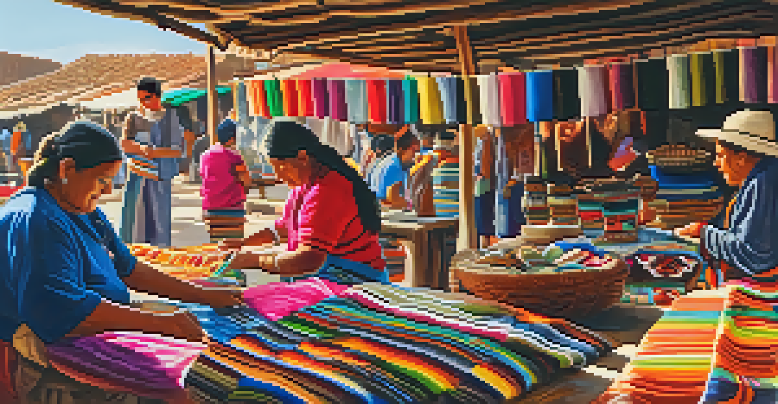 An artisan market in Trujillo with artisans crafting textiles and pottery, showcasing colorful handmade goods and friendly interactions.