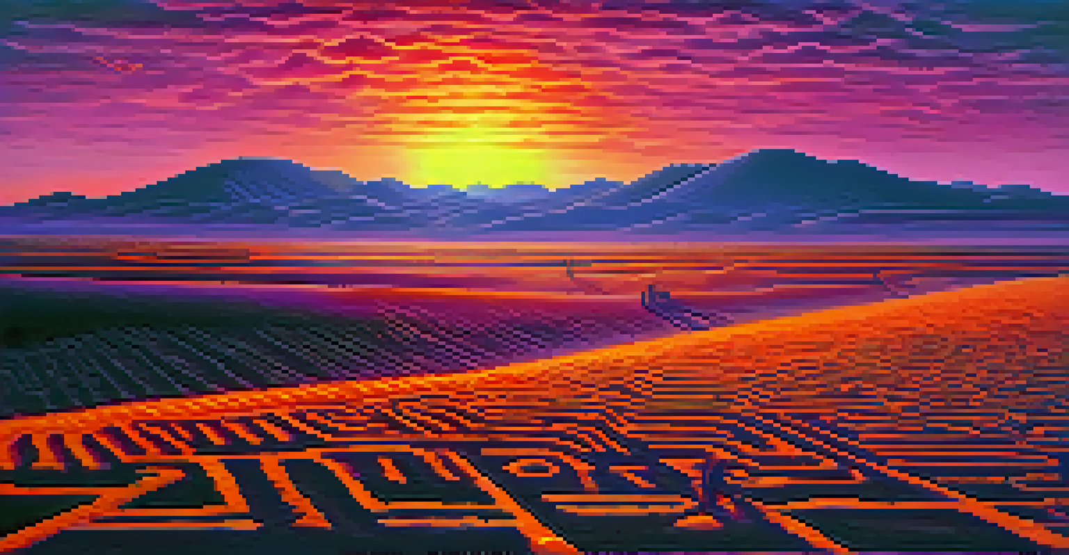 A sunset view over the Nazca Desert, featuring faint outlines of the Nazca Lines against a colorful sky.