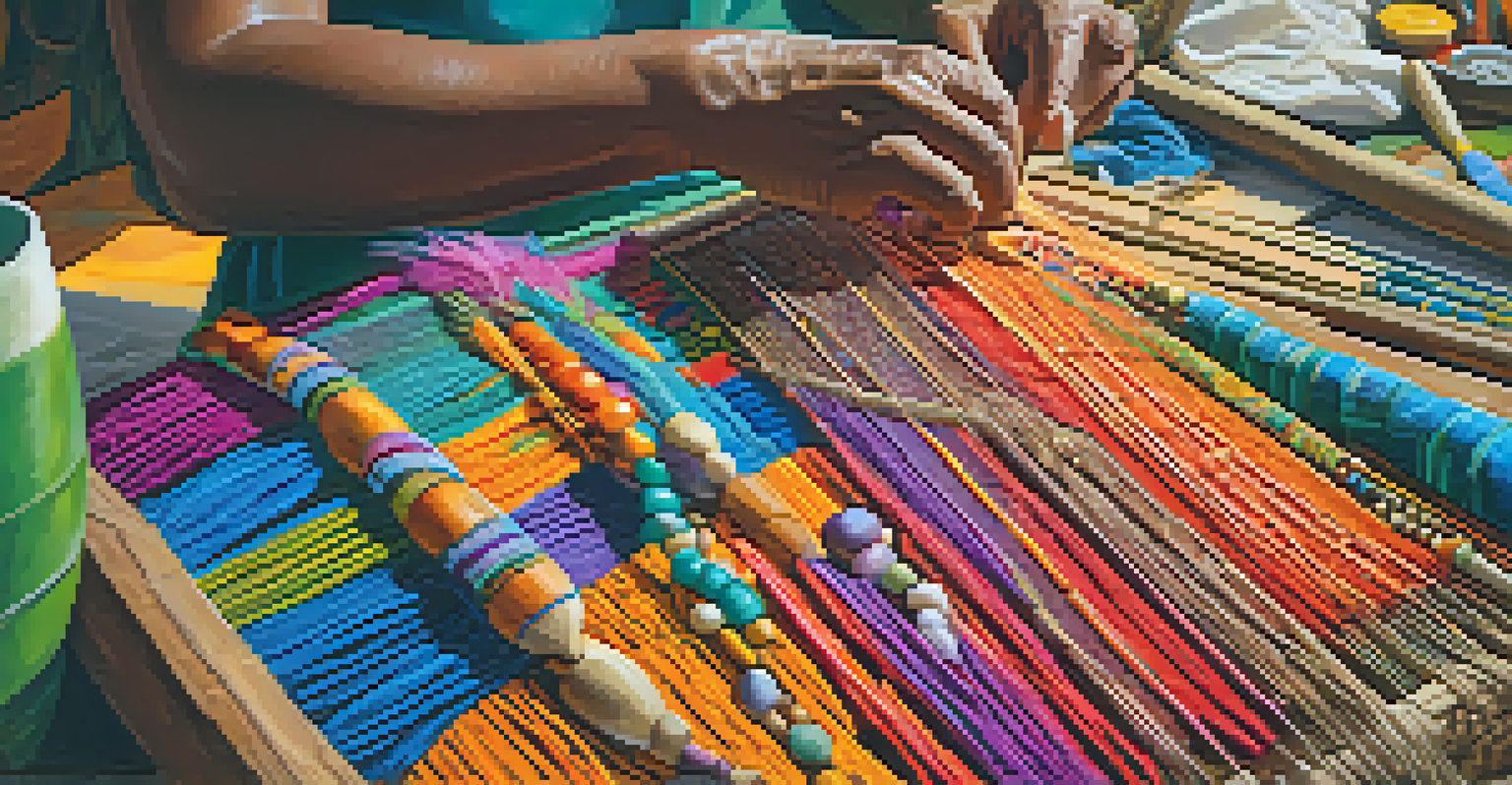 An artisan weaving a colorful mask for the Festival of San Juan, surrounded by tools and decorations in a well-lit space.