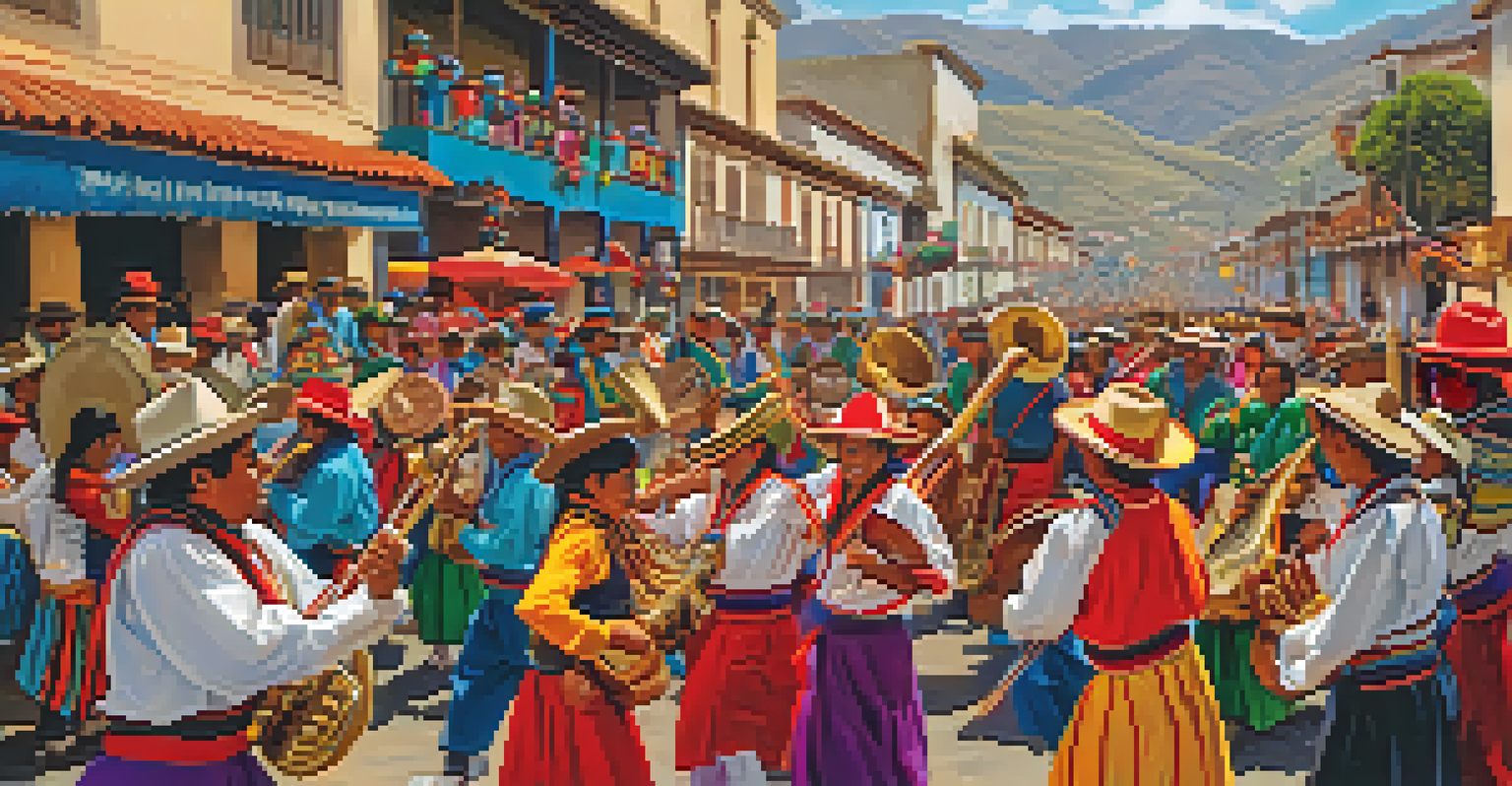 Musicians performing traditional Andean music at Carnaval de Cajamarca, with dancers and colorful costumes creating a lively atmosphere.