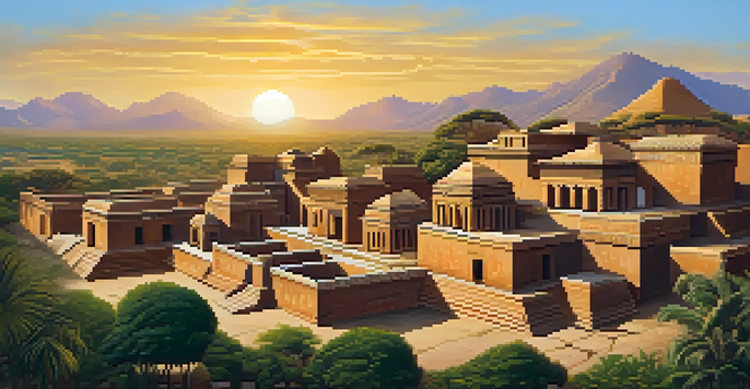 A sunset view of Chan Chan, an ancient adobe city, highlighting its architectural details and textured walls.