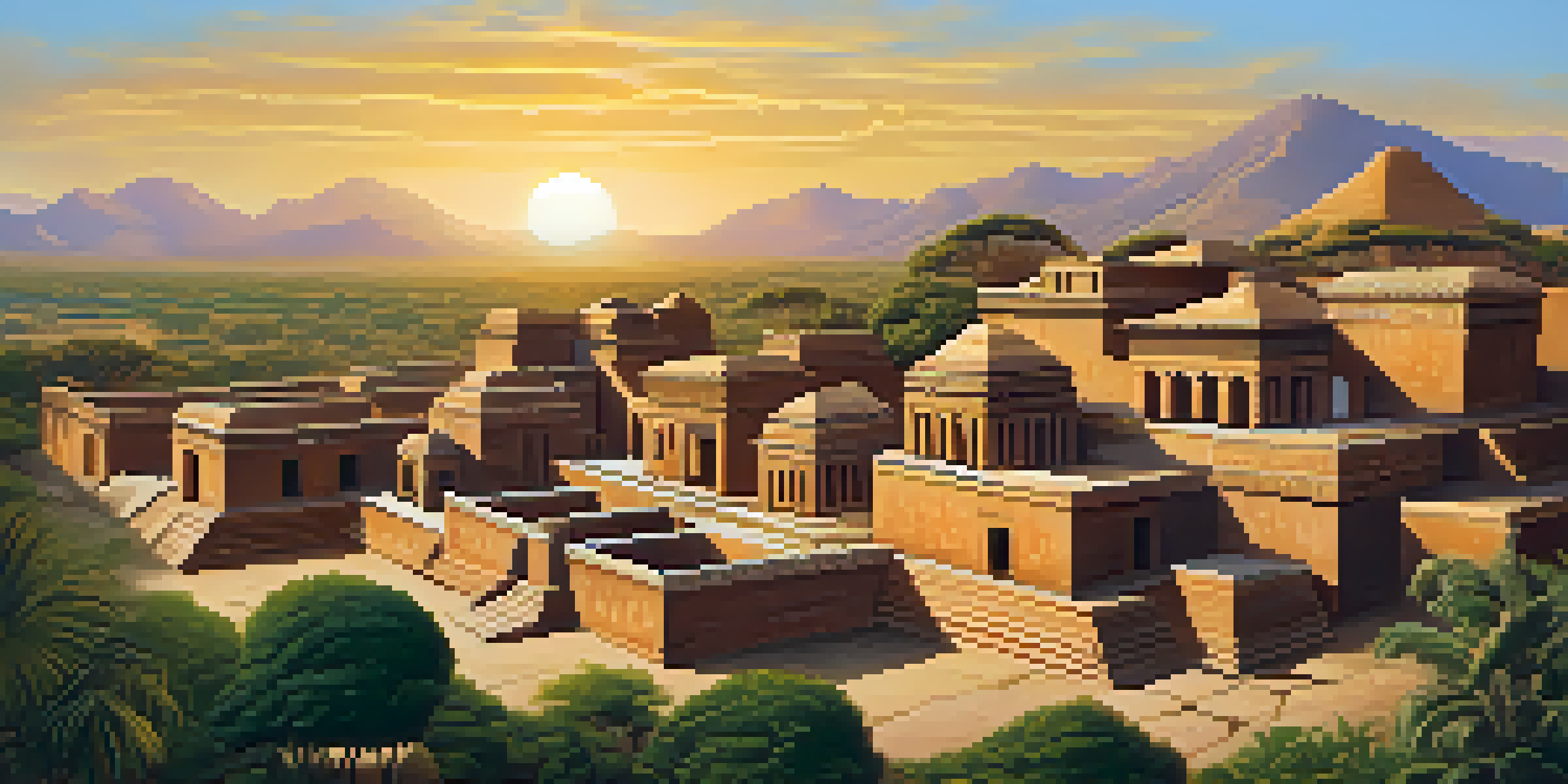 A sunset view of Chan Chan, an ancient adobe city, highlighting its architectural details and textured walls.