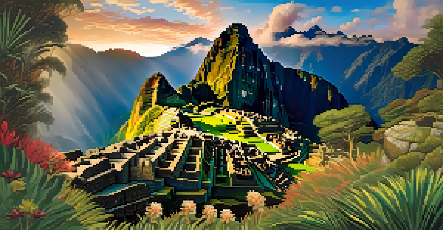 Machu Picchu at sunrise, with mist and golden light illuminating the ancient terraces and stone structures.