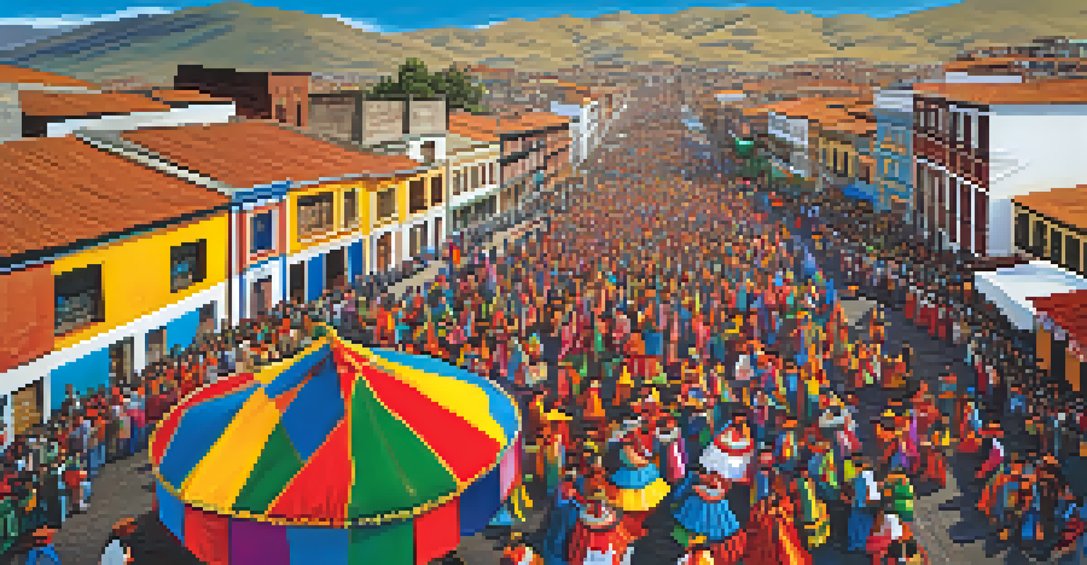 An aerial view of a colorful festival with crowds dancing in vibrant costumes against a mountain backdrop.