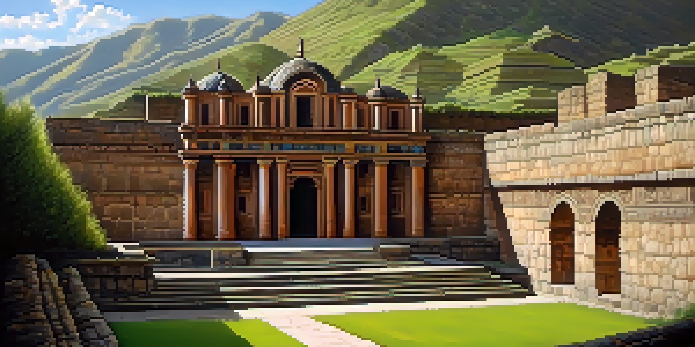 A view of Qorikancha, the Temple of the Sun, with intricate stone walls and sunlight illuminating the structure.