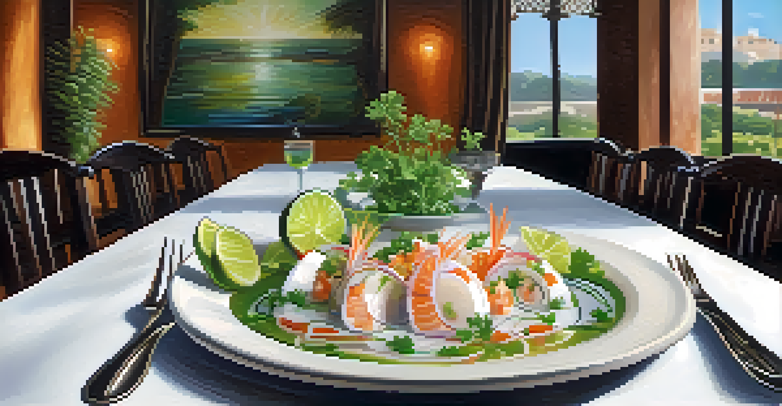 A fine dining table with a beautifully plated ceviche dish, set in an elegant restaurant ambiance.