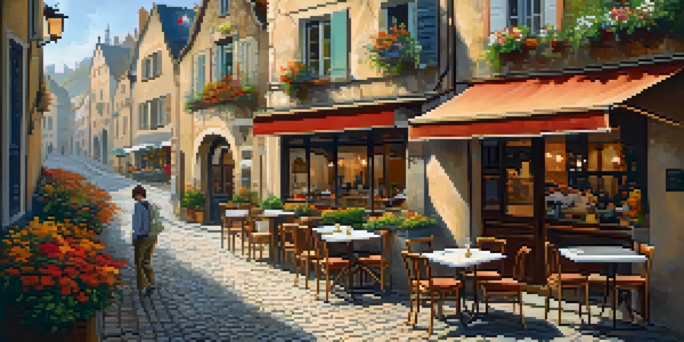 A traveler studying a map at a café in a European city, surrounded by colorful flowers and bustling streets.