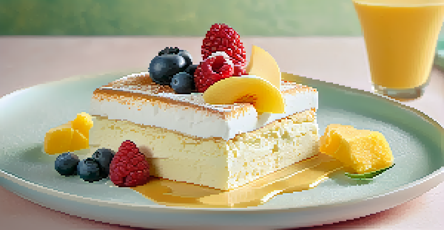 A delectable tres leches cake topped with meringue and fresh fruits, beautifully plated against a pastel background.