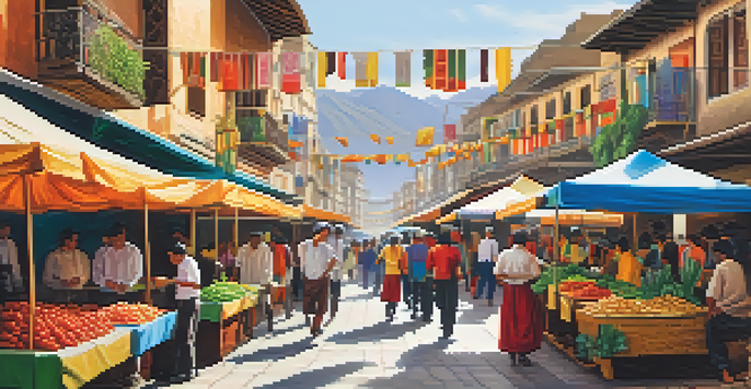 A bustling outdoor market in Lima, Peru, filled with colorful stalls and people engaging in cultural exchange.