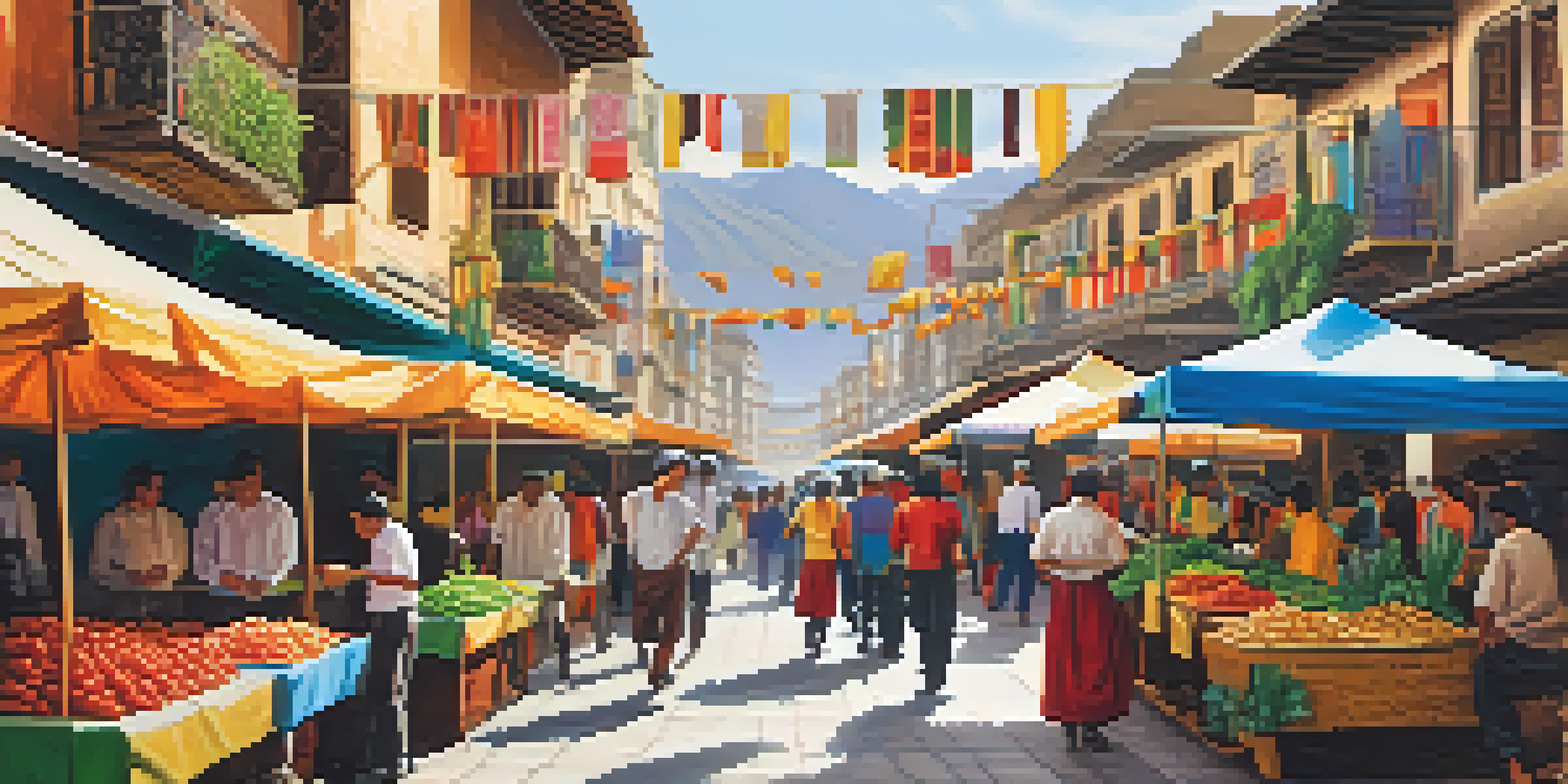 A bustling outdoor market in Lima, Peru, filled with colorful stalls and people engaging in cultural exchange.