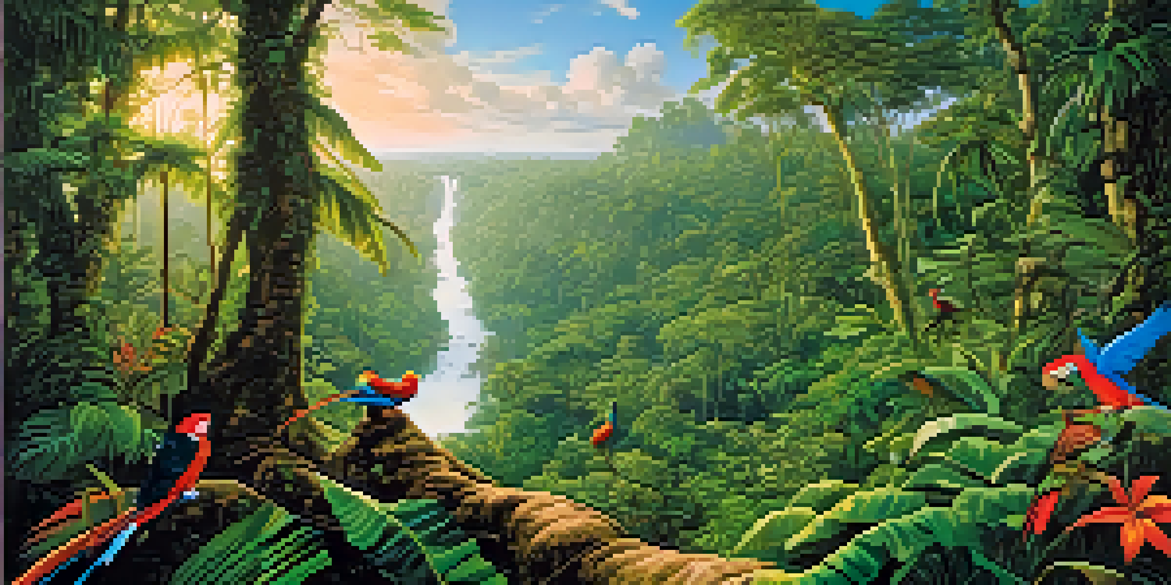 A lively depiction of the Amazon rainforest, with a jaguar on a branch and macaws flying in a blue sky.
