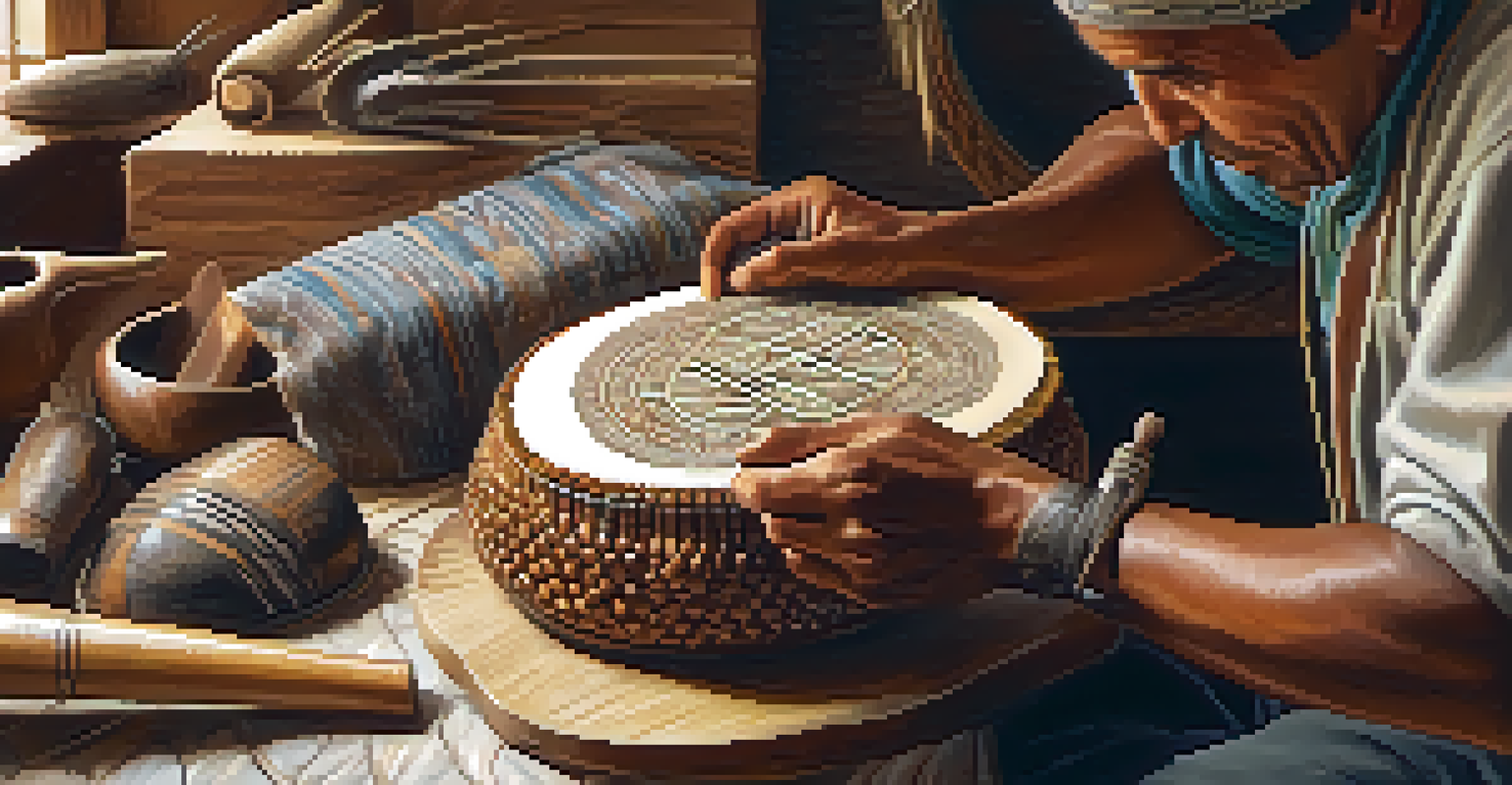 A close-up of an artisan crafting a charango, showcasing the intricate details of the instrument and the artisan's skilled hands.