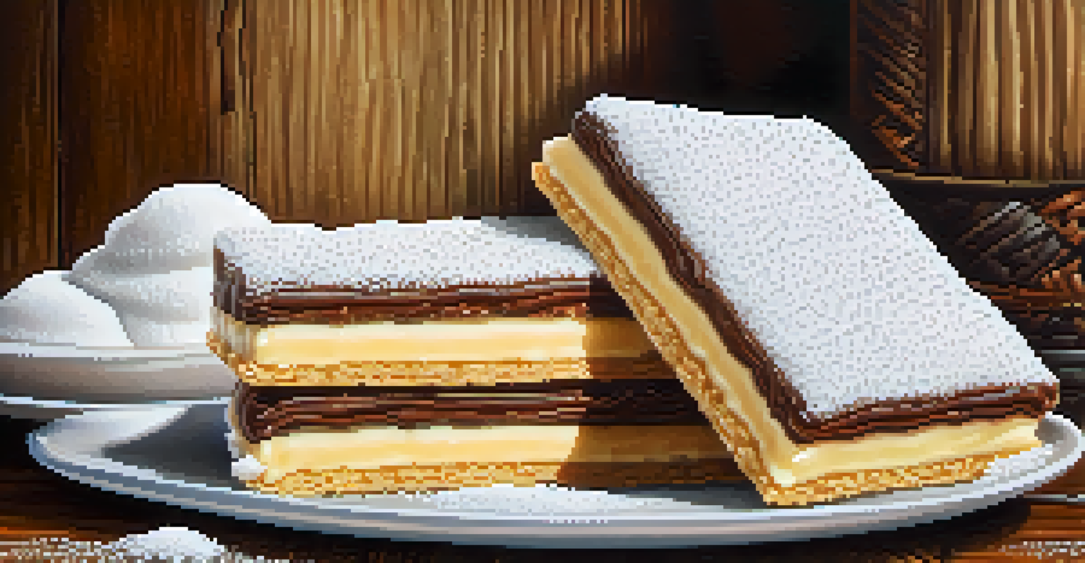 A close-up of traditional Peruvian desserts, including alfajores and tres leches cake, presented on a rustic wooden table.