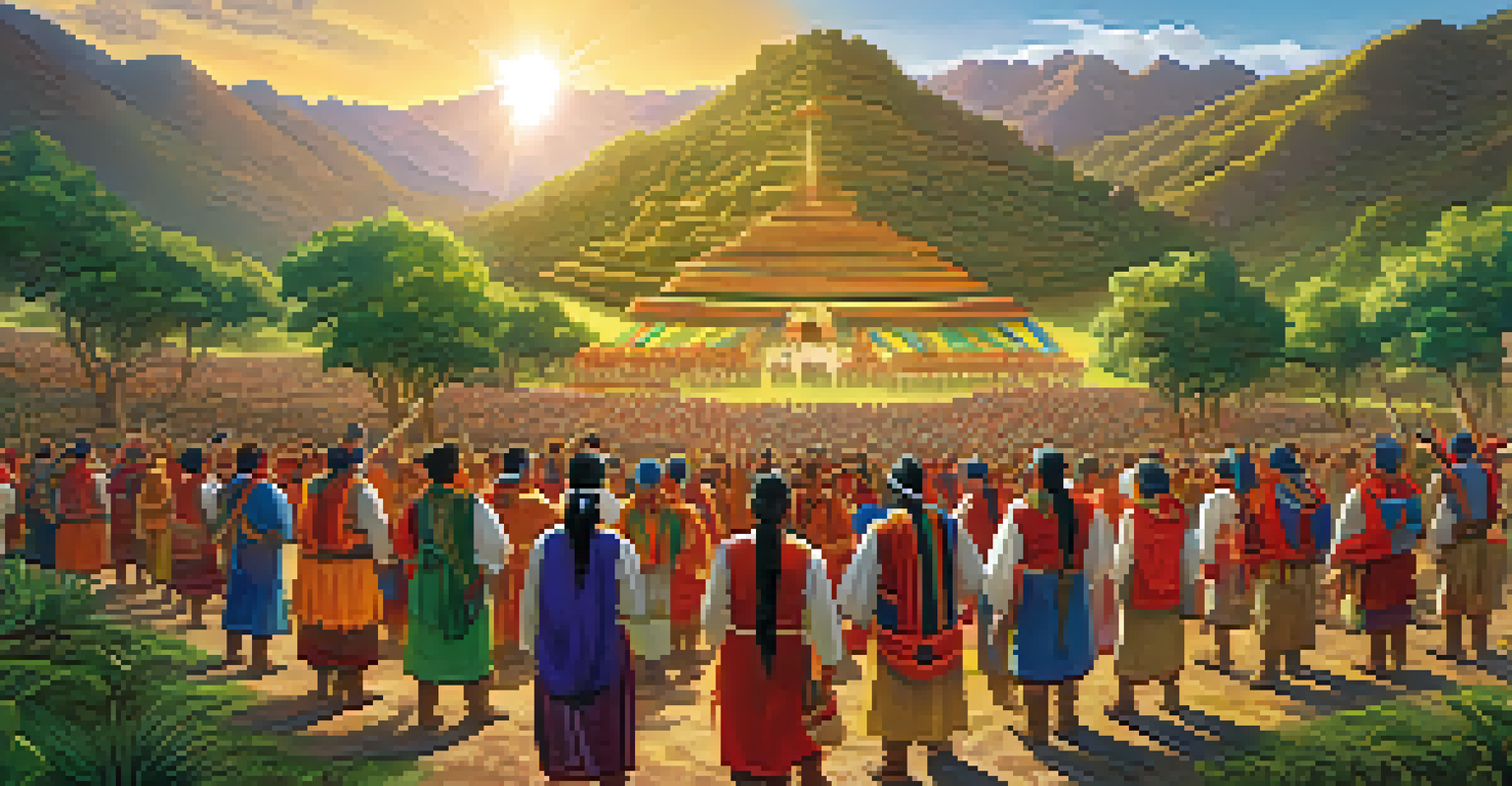 A gathering of indigenous groups uniting under Manco Inca, showcasing traditional attire and cultural symbols in a lush valley.
