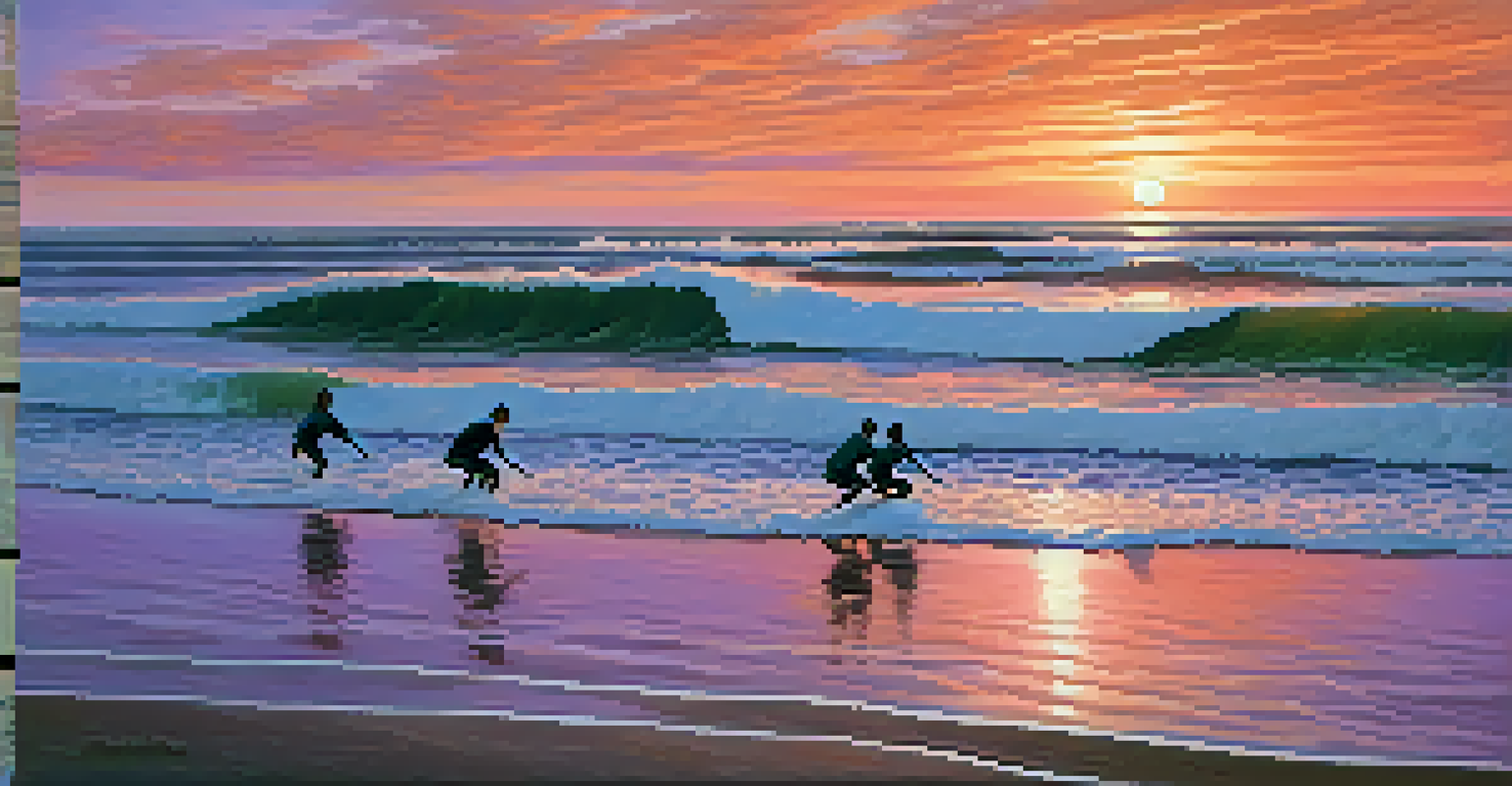 Surfers riding the waves at Punta Hermosa in Peru during a vivid sunset, with the sky displaying shades of orange, pink, and purple.