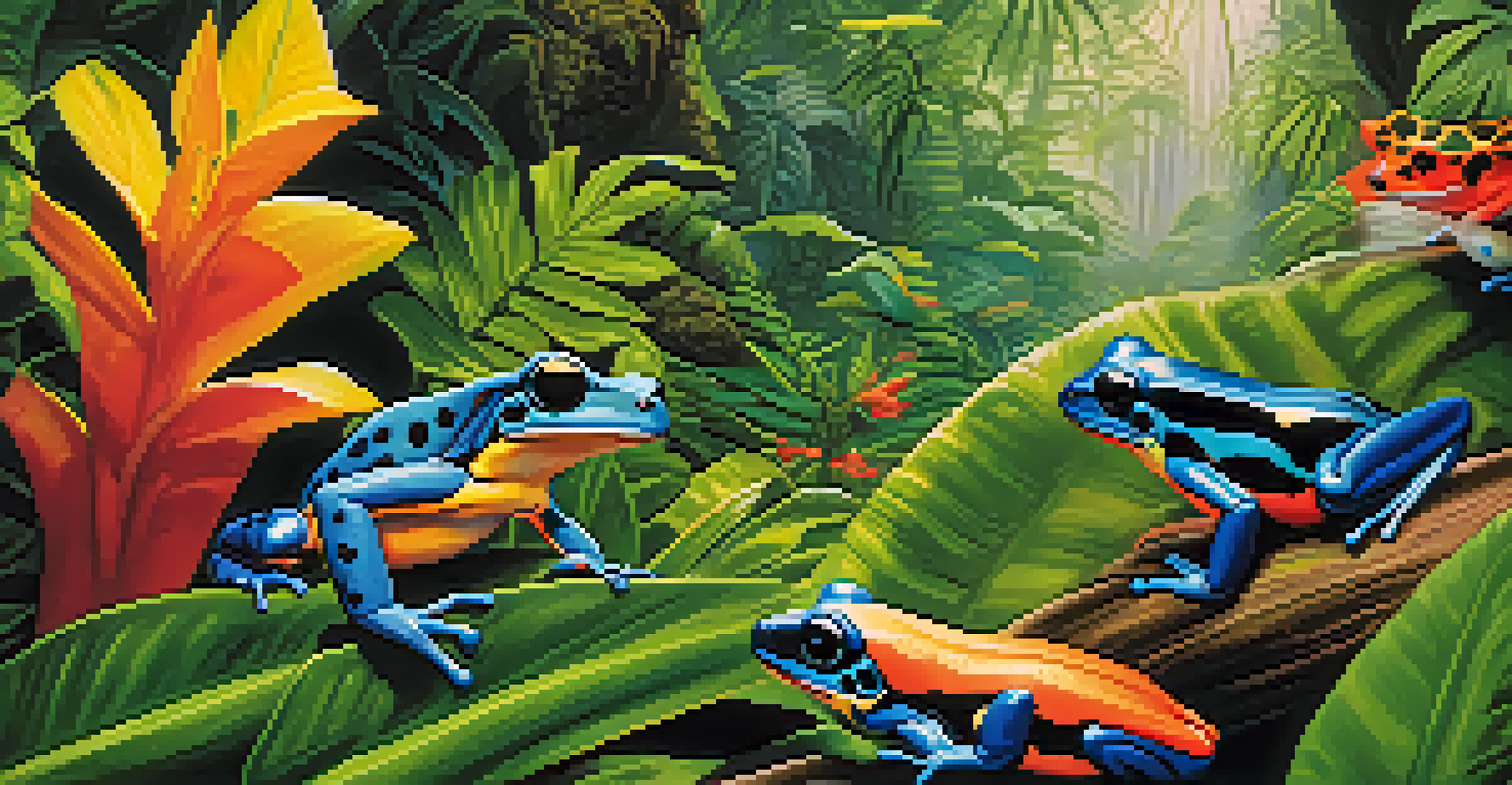 Colorful poison dart frogs resting on green leaves in a lush cloud forest setting.