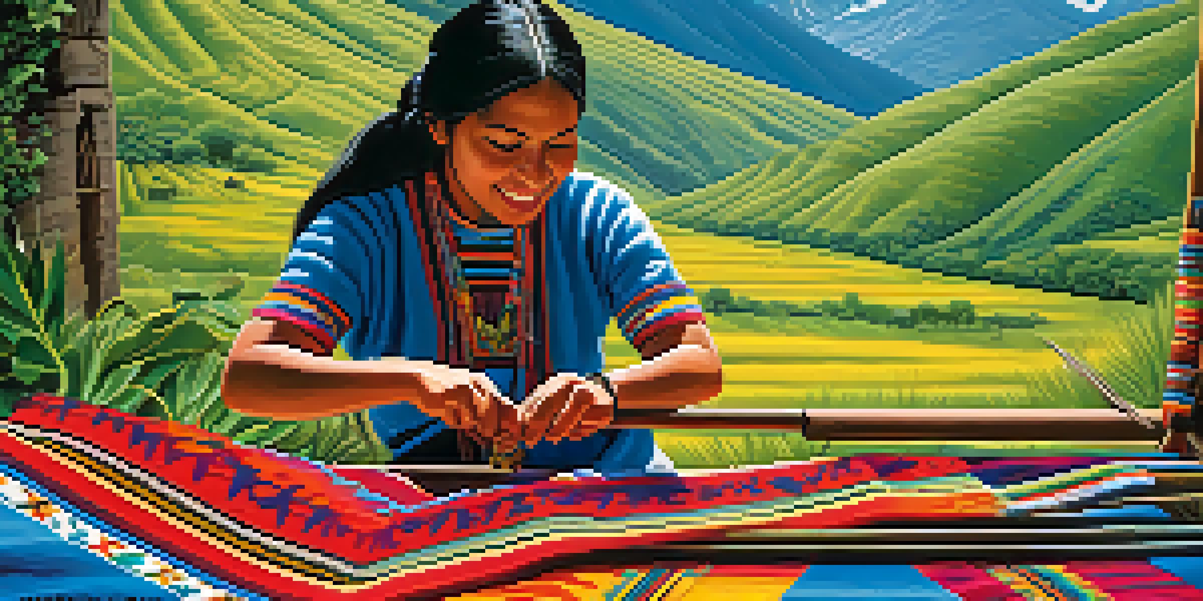 A Quechua woman weaving a colorful textile on a loom, set against the backdrop of the Andean mountains and greenery.