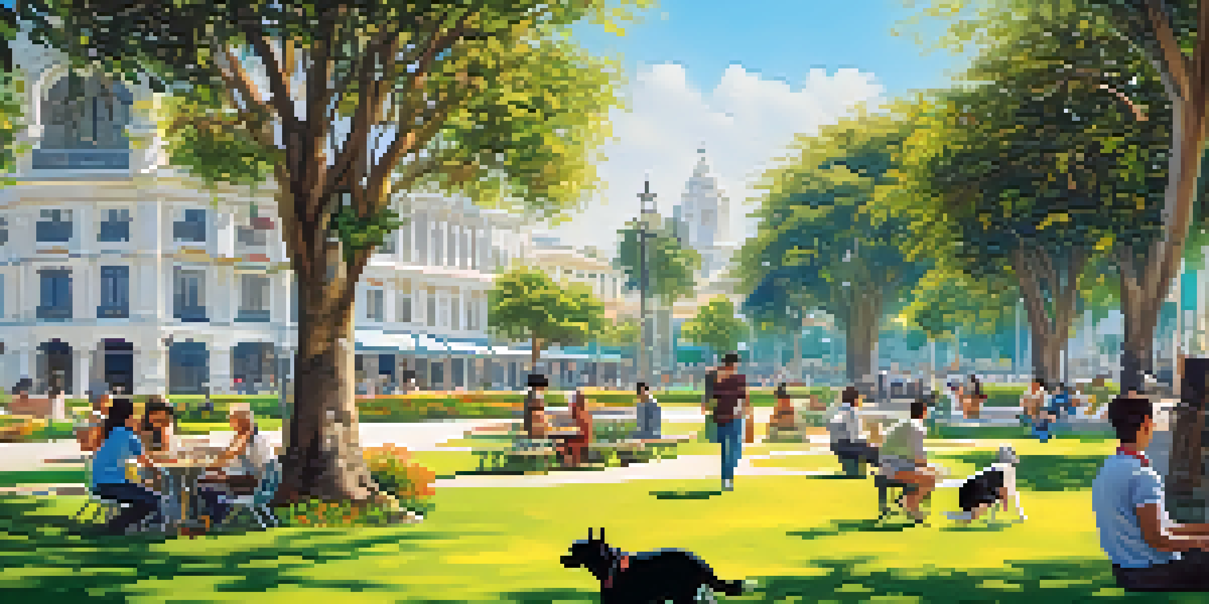 A lively park in Lima filled with dogs playing and people enjoying the outdoors at local cafes.