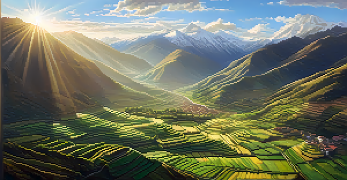 Aerial view of the Sacred Valley in Peru with green hills and the Andes mountains in the background under a golden sunrise.