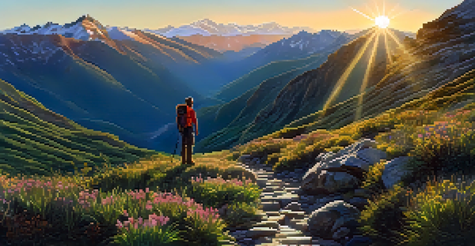A hiker on a rocky path in the Andes mountains at sunset, wearing waterproof hiking boots.