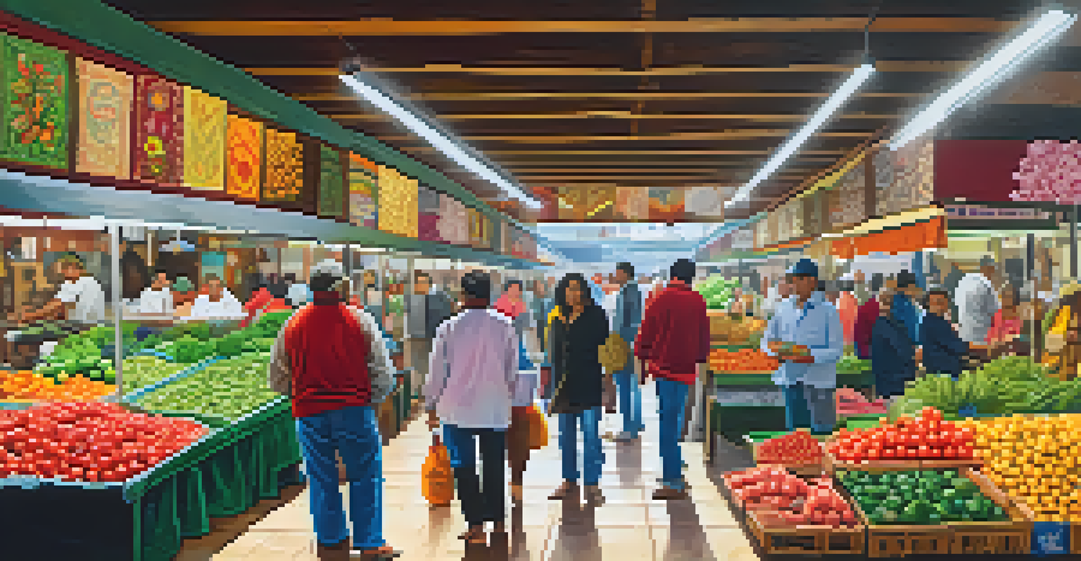 A bustling market scene at Mercado de Surquillo, filled with colorful stalls showcasing fresh produce and street food vendors.