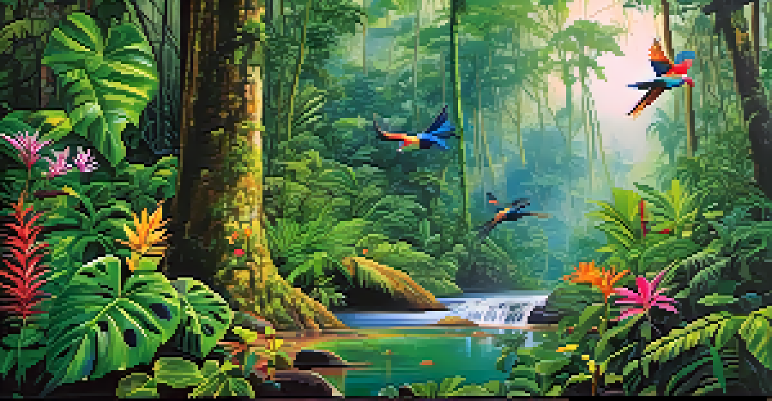 A lush rainforest in Manu National Park, featuring vibrant green plants and colorful birds among the trees.