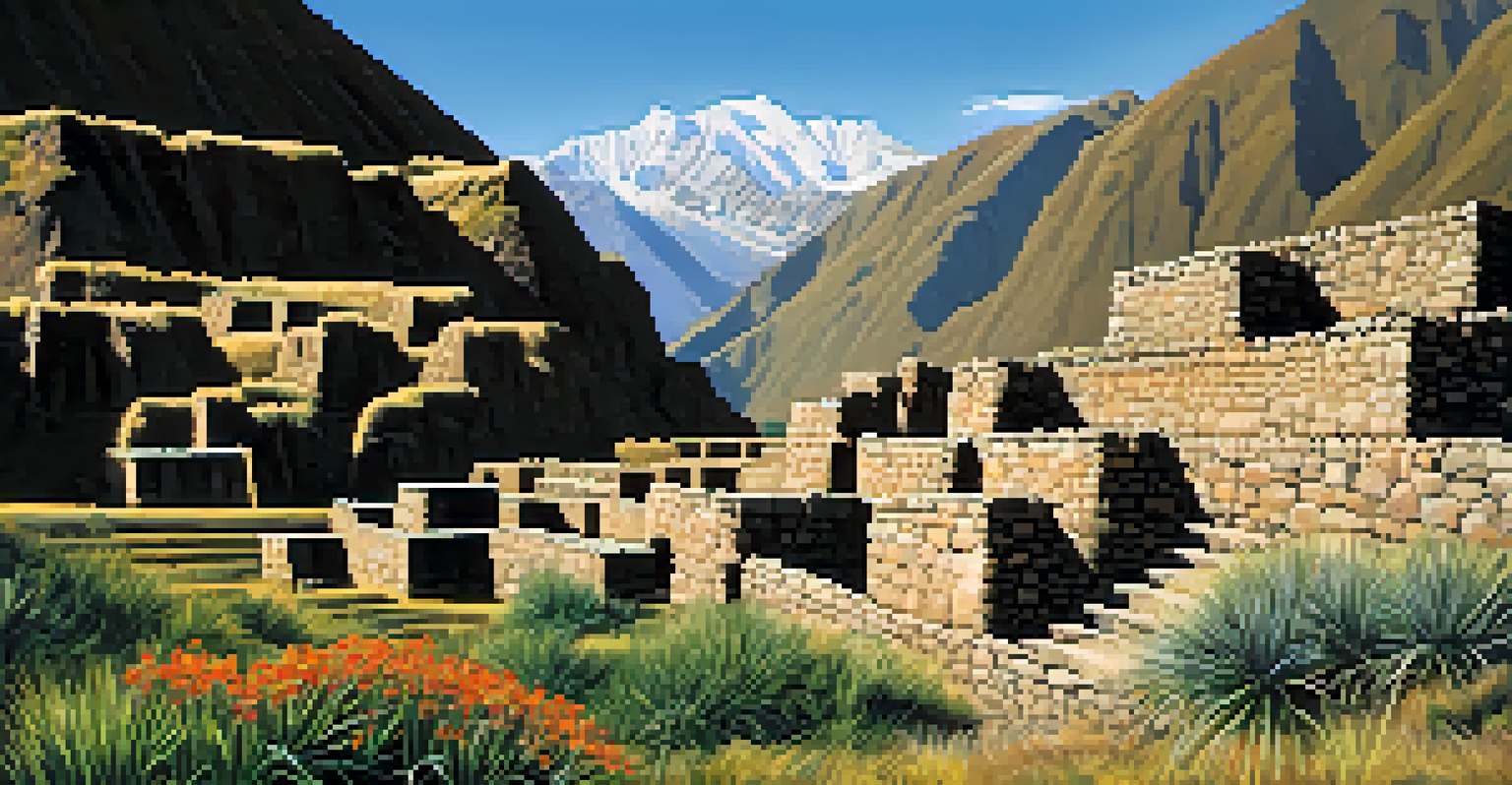 The ancient ruins of Ollantaytambo surrounded by mountains and wildflowers.