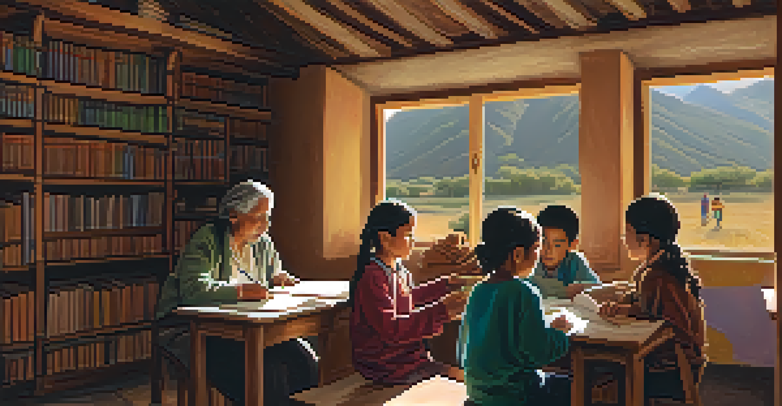 An elder teaching children in a classroom, surrounded by educational materials in Quechua and Spanish, with warm light creating a cozy atmosphere.